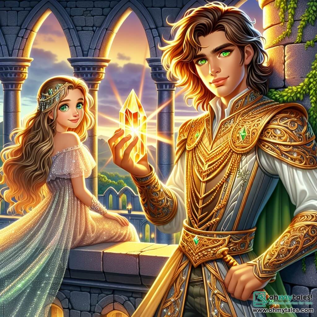 A young prince, Alaric, about 16 years old, stands at the top of a majestic tower, his face illuminated by a glow of hope and determination. He has wavy brown hair, bright emerald eyes, and wears shimmering armor adorned with golden patterns. In his hand, he holds the Crystal of Light, which emits a brilliant light, casting golden reflections on his face. Beside him is Seraphina, a 15-year-old girl with long golden hair and sparkling mischievous eyes. She wears a light gown made of shimmering fabric that gently floats in the wind. She smiles encouragingly, looking at the prince with admiration. The setting features an ancient tower made of gray stones covered in lush ivy, with arched windows letting in rays of golden light. In the background, the sky is tinted with shades of pink and orange, signaling twilight. The main scene shows Alaric and Seraphina standing together at the top of the tower, celebrating their victory over darkness, surrounded by an aura of light symbolizing hope and bravery that illuminates their kingdom.
