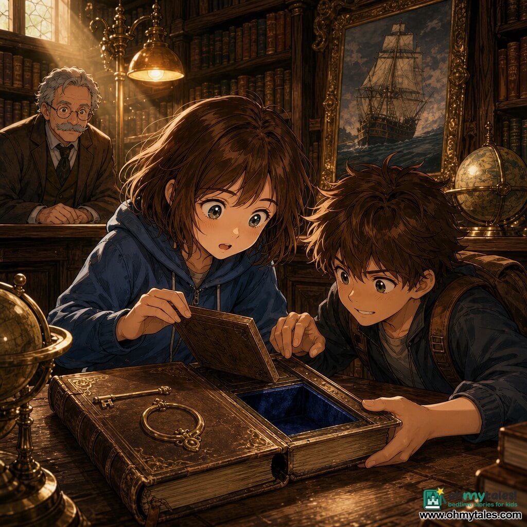 12-year-old Mina, expressive face and wide, wonder-filled eyes, messy chestnut bob, in a blue hoodie and jeans, gently opens a small hidden compartment lined with blue velvet inside an old thick book on a wooden table; 12-year-old Leo, tousled brown hair, mischievous grin but attentive eyes, wearing a worn backpack, crouches beside her with one hand on the book and the other ready to grab an object; Mr. Quill, a kindly 60-year-old librarian with a bushy gray mustache, round glasses and a brown coat, watches discreetly from behind the counter; setting is a seaside corner of an old library with dark wooden shelves of leather-bound books, a gleaming antique globe, a framed sailing painting, warm brass-lamp light and a cozy dusty atmosphere; mood: quiet, secret discovery with golden and deep-blue tones, visible dust motes, and detailed expressions of astonishment and camaraderie.