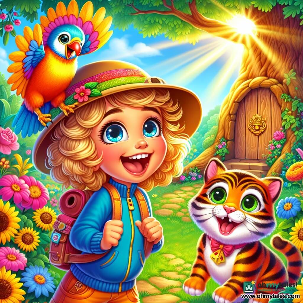 A 10-year-old girl, Lucy, with curly golden hair, wears an explorer hat and has a big, amazed smile on her face. She holds a small colorful bird, Hootie, on her shoulder, her eyes shining with excitement. Next to her, a tabby cat named Mr. Whiskers, with sparkling green eyes, rubs against her legs, looking curious and playful. The scene takes place in a sunny garden filled with vibrant flowers and tall sunflowers, with a majestic old oak tree in the background, where a small wooden door is located. Lucy and Hootie stand in front of the oak, ready to discover the hidden secret inside. The main situation shows Lucy, full of enthusiasm, opening the door of the oak tree, while Hootie joyfully flies around her, making a cheerful "Hoooot!" The atmosphere is filled with magic and adventure, with bright colors and playful details that capture the spirit of a fantastic exploration.