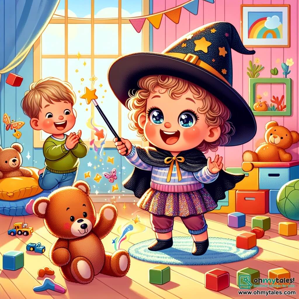 An illustration shows a one-year-old girl with sparkling big eyes and curly hair, wearing a large black hat and a shimmering cape. She is laughing heartily, holding a magic wand, while her teddy bear, slightly taller than her, dances comically beside her. Nearby, a three-year-old boy with blonde hair and round cheeks watches the scene with a delighted smile, his eyes shining with joy. He sits on the floor surrounded by scattered building blocks, clapping enthusiastically. The scene takes place in a colorful room filled with bright toys, soft cushions, and pastel-painted walls. A sunbeam filters through the window, bathing the room in a warm golden light. The main action shows the little girl trying to make her toys dance, but her teddy bear moves amusingly, causing bursts of laughter. Building blocks fall around them, adding to the joyful and playful atmosphere. Other graphic elements include scattered toys, sparkling stars around the magic wand, and laughter depicted by cheerful speech bubbles floating in the air.