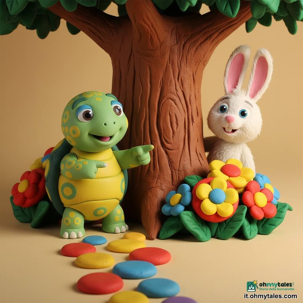 Una piccola tartaruga rotonda e morbida, carapace verde con motivi gialli, occhi vivaci e sorriso timido, indica con una zampa una tana; un coniglio bianco morbido di nome Bobo, orecchie lunghe rosa, sorride sorpreso e si nasconde parzialmente dietro un grande albero a destra; al centro un albero dalla corteccia marrone rugosa, aiuole di fiori giganti colorati (rosso, giallo, blu), foglie lucide e un sentiero di pietre tonde; scena di gioco: la tartaruga scopre il coniglio durante una partita a nascondino, luce calda del pomeriggio, ombre morbide, atmosfera giocosa e rassicurante.