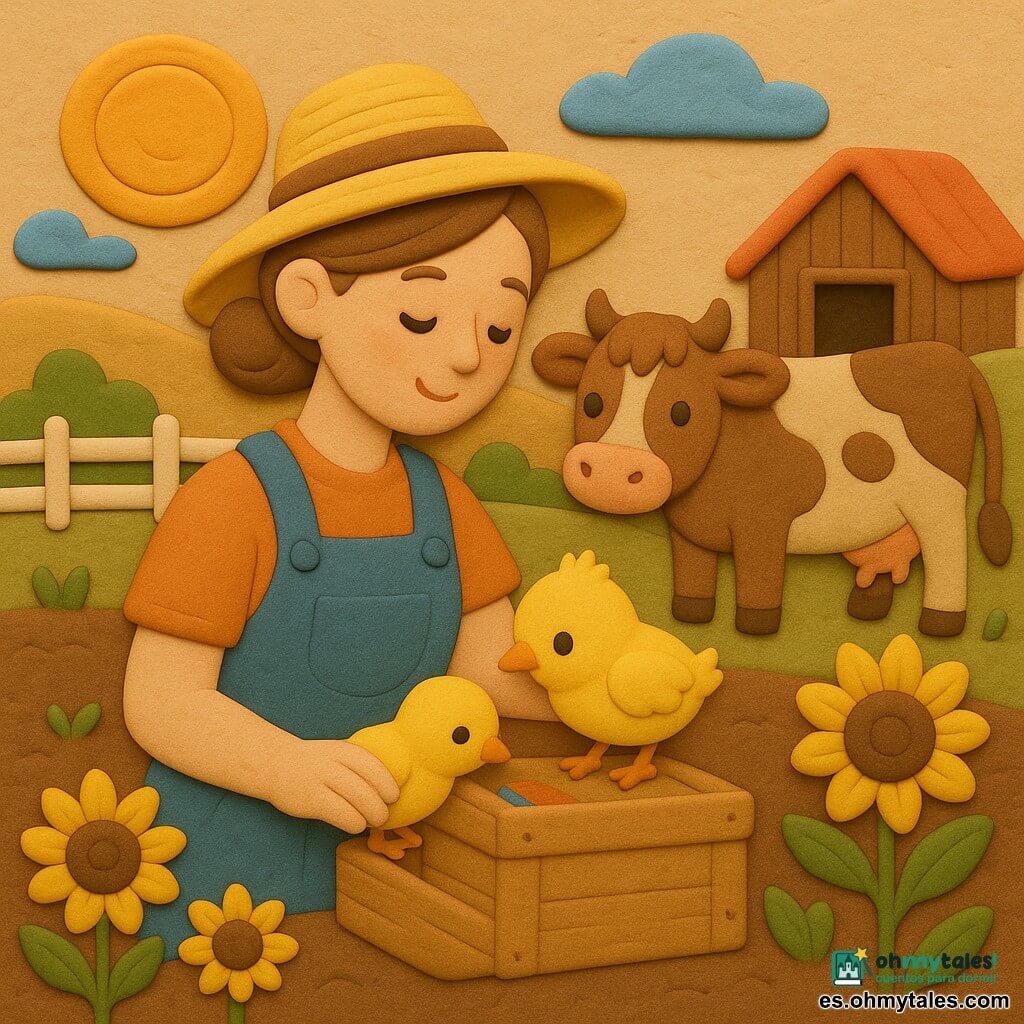 Mujer agricultora sonriente y cariñosa, piel clara, cabello castaño recogido en moño, con peto azul y sombrero de paja, sostiene con delicadeza un pequeño pollito amarillo; el pollito curioso picotea una etiqueta en una caja de madera cerca de sus manos. Al fondo, una vaca parda salpicada con mirada apacible junto al tejado rojo del establo. Lugar: campo al atardecer con suelo de tierra, filas de altos girasoles amarillos orientados hacia la luz, una caseta de madera y una valla blanca. Escena principal: la mujer cuida al pollito entre girasoles al crepúsculo; atmósfera suave, colores cálidos, texturas y formas redondeadas estilo plastilina.