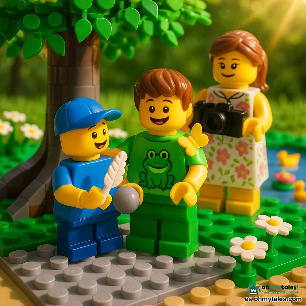 Hay tres personajes: Martin, niño de 6 años, pelo castaño corto, camiseta verde con rana, sostiene una pluma blanca en la mano derecha y apoya la izquierda en el hombro de Hugo, sonríe y tiene una pequeña mariposa amarilla en el hombro; Hugo, niño de 6 años, pelo rubio corto, gorra azul, sostiene una piedra lisa en las manos y mira la pluma con curiosidad, expresión alegre; Madame Laura, mujer de unos 30‑35 años, pelo castaño recogido en cola, vestido ligero de flores, sostiene una cámara pequeña negra frente a ella y está detrás de los niños lista para hacer la foto. Lugar: rincón de parque junto a un pequeño lago, césped con margaritas, gran árbol de tronco gris con raíces visibles, luz solar dorada filtrada por las hojas, algunos patos y nenúfares a lo lejos y un sendero de grava en primer plano. Situación: foto de grupo bajo el árbol en primavera; los dos niños muestran sus pequeños tesoros (pluma y piedra) mientras la maestra los fotografía; ambiente luminoso, colores vivos y escena tranquila que respeta la naturaleza.