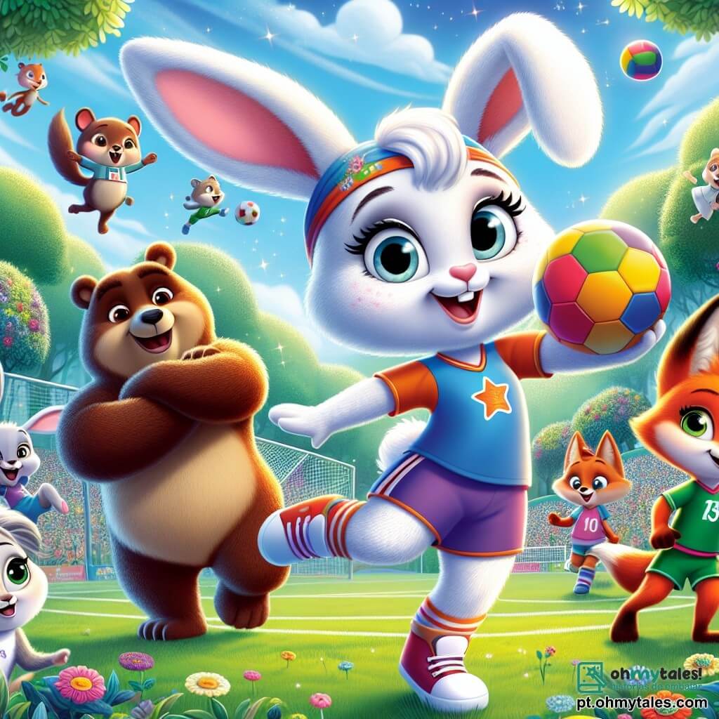 A coelha Clara, uma pequena vaidosa com pelagem branca e grandes orelhas, está no centro da imagem, sorridente e cheia de energia, segurando uma bola de futebol colorida sob um céu azul brilhante. À sua direita, o grande urso Bruno, com pelagem marrom e um ar amigável, aplaude entusiasticamente, mostrando seu apoio a Clara. À sua esquerda, a raposa Lili, com pelagem laranja viva e olhos brilhantes, está driblando a bola, exibindo uma expressão de determinação e alegria. O cenário é um parque verde da floresta mágica, com árvores de folhas vibrantes, flores coloridas e um grupo de animais curiosos que assistem ao jogo com sorrisos no rosto. A cena principal mostra Clara e seus amigos jogando futebol juntos, ilustrando o espírito de equipe e a igualdade entre os gêneros, enquanto todos os animais se divertem e celebram sua amizade.