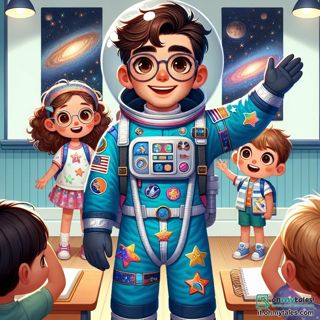 Un astronauta, un uomo di una trentina d'anni con capelli castani e occhi pieni di curiosità, si trova al centro dell'immagine, indossando una brillante tuta spaziale blu decorata con patch colorati. Sorride con entusiasmo, le braccia aperte, come se stesse accogliendo i bambini nella sua avventura spaziale. Alla sua destra, una bambina di 8 anni, con capelli ricci e occhiali tondi, alza la mano con eccitazione, gli occhi spalancati di meraviglia. Indossa una maglietta con stelle e un pantaloncino colorato, pronta a fare una domanda. A sinistra, un ragazzo di 9 anni, con capelli biondi e un cappellino da baseball, guarda l'astronauta con ammirazione, tenendo un quaderno da disegno in mano, pronto a ritrarre ciò che vede. La scena si svolge in un'aula luminosa, con muri decorati da poster di pianeti e stelle. Un grande schermo sullo sfondo mostra immagini dello spazio, con galassie scintillanti e astronavi in volo. L'astronauta racconta le sue avventure nello spazio, catturando l'attenzione dei bambini che sognano di diventare esploratori delle stelle, mentre entusiasmo e curiosità riempiono l'aria.