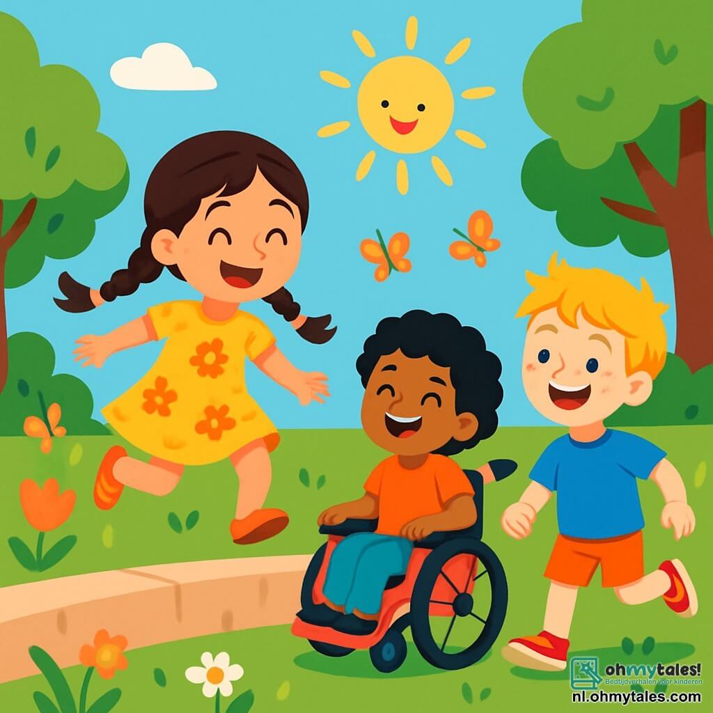 Er zijn 3 personages: - Anna: een 7-jarig meisje met lange, bruine vlechten en sprankelende ogen. Ze draagt een gele bloemenjurk en springt vrolijk op het gras. - Mila: een 6-jarig meisje met kort, krullend zwart haar. Ze zit in een mooie rode rolstoel, glimlachend, en kijkt enthousiast naar haar vrienden. - Sam: een 7-jarige jongen met rommelig blond haar en sproeten op zijn gezicht. Hij draagt een blauwe t-shirt en shorts, en rent lachend om Anna en Mila heen. De hoofdscene speelt zich af in een groene park, vol kleurrijke bloemen en majestueuze bomen. De lucht is helderblauw en de zon schijnt, waardoor zachte schaduwen op de grond vallen. Multicolore vlinders fladderen om de kinderen heen, wat een magische sfeer toevoegt. De hoofdhandeling toont de drie vrienden die samen spelen. Anna springt over een klein muurtje, Mila rolt snel om haar heen, en Sam rent lachend achter hen aan. Ze vieren hun verschillen en vriendschap in een vrolijk en kleurrijk moment.
