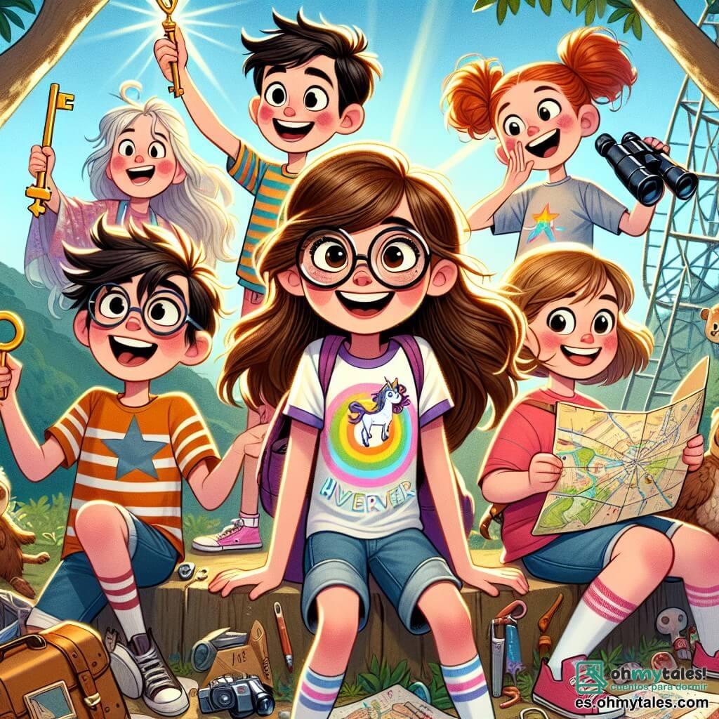 En el centro de la imagen, Clara, una niña de 10 años con largos cabellos castaños y gafas redondas, sonríe alegremente mientras sostiene una llave brillante en su mano. Lleva una camiseta colorida con motivos de unicornios y un short de mezclilla. A su lado, Lucas, un niño de 10 años con el cabello despeinado y una camiseta a rayas, observa con unos binoculares hechos en casa, con una expresión curiosa y divertida. Un poco más atrás, Marta, una niña de 10 años con dos coletas y una gran sonrisa, está sentada en una rama de árbol, riendo mientras sostiene un trozo de papel con un plano dibujado. Tomás, un niño de 10 años con gafas y una camiseta de superhéroe, está sentado en el suelo, rodeado de viejos juguetes, contando una historia increíble con gestos exagerados. El escenario es un viejo parque de atracciones abandonado, con atracciones oxidadas y flores silvestres que crecen entre las grietas del suelo. Al fondo, se ve una gran fuente de piedra, adornada con esculturas de patos, que brilla bajo el sol. La situación principal muestra a Clara y sus amigos en plena exploración, descubriendo la llave misteriosa que podría llevarlos a la solución del "Misterio de la Fuente Encantada", rodeados de risas y una atmósfera de aventura.