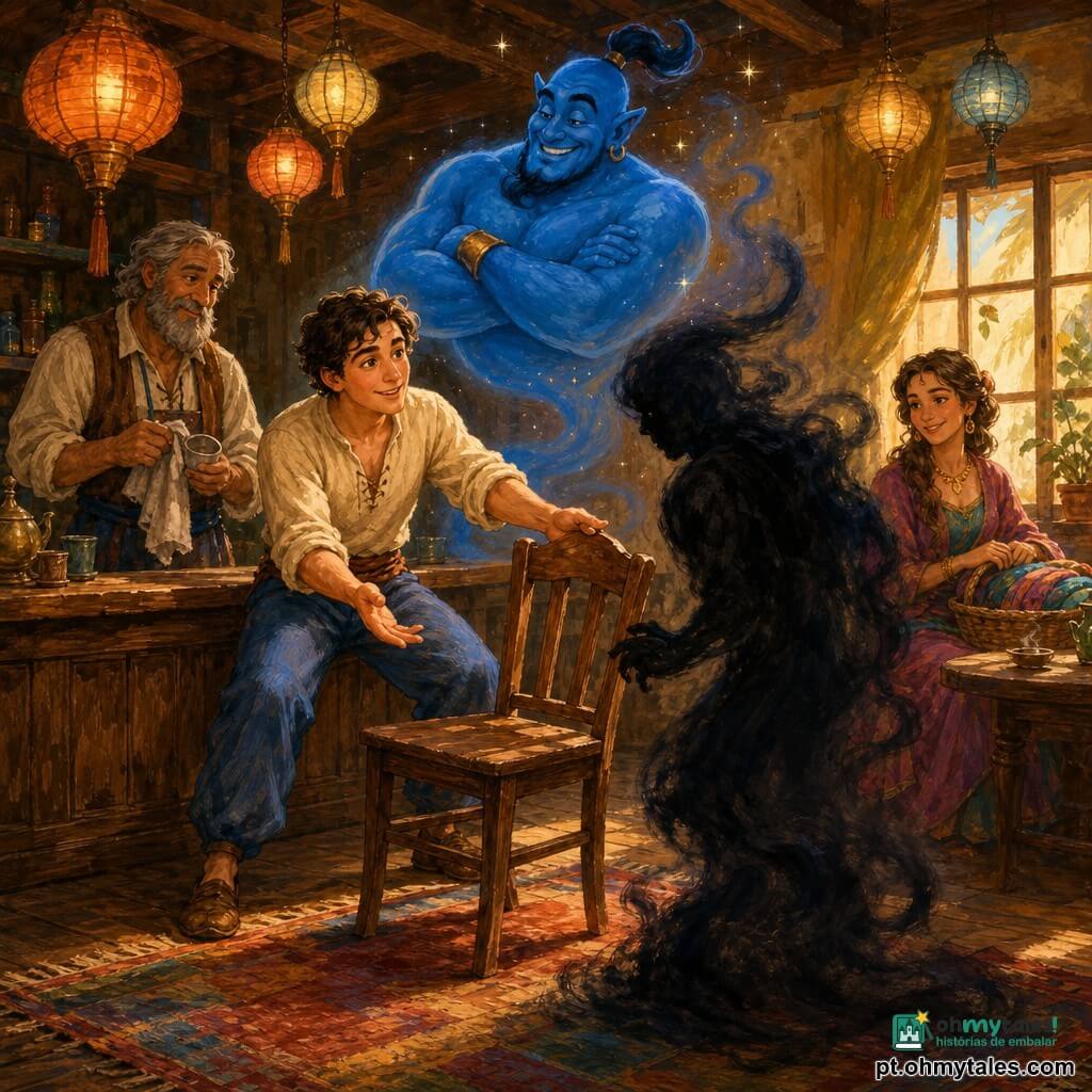 Aladdin, rapaz de ~18 anos, rosto arredondado e olhos vivos, expressão gentil e corajosa, camisa areia e calças azuis, oferece uma cadeira de madeira envernizada a uma forma sombria sentado na beira do balcão; Mustafa, homem ~60 anos com barba grisalha, enxuga uma xícara atrás do balcão e observa ternamente; o Gênio, ser mágico azul grande e sorridente, flutua semitransparente ao fundo com pequenas faíscas; o Rancor, silhueta sombria e vaporosa sem traços definidos, recua enquanto sua forma se dissipa em volutas; Farida, mulher ~35 anos em vestido colorido com um cesto de tecidos, sorri timidamente junto à janela; estalagem "A Lua do Chá" com interior de madeira envelhecida, lanternas de papel penduradas e luz dourada atravessando o pó; cena calma e esperançosa centrada na cadeira estendida, chá soltando vapor e contrastes entre o azul vivo do Gênio, os tons quentes do madeira e a sombra do Rancor; estilo: pintura acrílica com pinceladas visíveis, cores saturadas e texturas rugosas, contornos levemente desfocados para a fumaça.