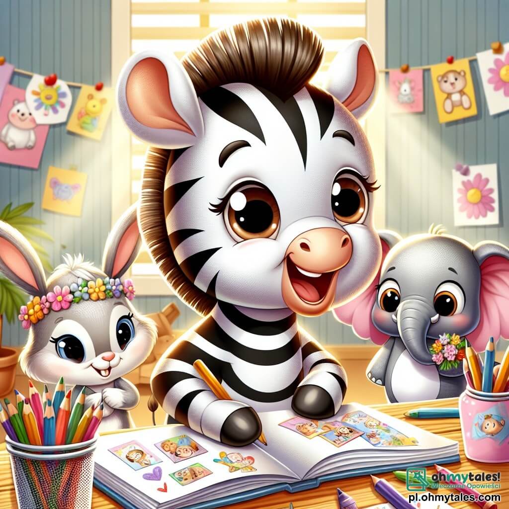 Wesoły mały zebra z błyszczącymi czarno-białymi paskami, dużymi błyszczącymi oczami i szerokim uśmiechem siedzi przy drewnianym stole, otoczony kolorowymi papierami i kredkami, tworząc album pełen wspomnień dla swojej mamy. Obok niego stoi mała króliczka z dużymi uszami, o miękkim, białym futrze, podziwiająca go z entuzjazmem, trzymając ładną kartkę wykonaną ręcznie, jej twarz promienieje dumą. Słoń z szerokimi uszami i szarym ciałem stoi za nimi, uśmiechając się i trzymając bukiet kolorowych kwiatów, gotowy, by ofiarować prezent swojej mamie. Scena rozgrywa się w jasnej klasie, udekorowanej rysunkami dzieci na ścianach, z oknami wpuszczającymi światło słoneczne, które oświetla radosną i twórczą atmosferę. W centrum obrazu mały zebra i jego przyjaciele są zanurzeni w przygotowaniach niespodzianek na Dzień Matki, otoczeni śmiechem i kolorami, ilustrując miłość i przyjaźń, które ich łączą.