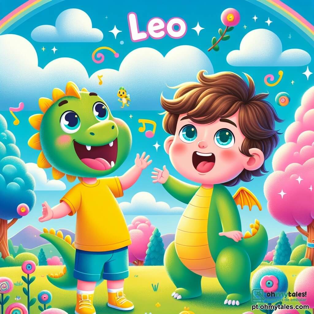 Um garotinho de 2 anos, Léo, com cabelos castanhos bagunçados e olhos brilhantes de curiosidade, dança alegremente no meio de um parque mágico. Ele veste uma camiseta amarela vibrante e um short azul, com um grande sorriso no rosto, expressando uma alegria contagiante. Ao lado dele, um dragão de escamas verdes e olhos travessos, que parece ter cerca de 5 anos, está em pé sobre as patas traseiras, pronto para voar. Ele tem um sorriso amigável e asas coloridas que brilham sob o sol. O cenário é um parque encantado, onde as árvores são feitas de algodão doce rosa e azul, e as flores cantam melodias alegres. Nuvens fofas flutuam em um céu azul brilhante, adicionando um toque de magia à atmosfera. Léo e o dragão estão dançando juntos, cercados por flores que cantam e árvores de açúcar, criando uma cena cheia de risos e cores vibrantes.