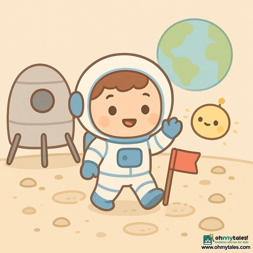 Captain Milo, smiling and awestruck with a round face, bright eyes and short brown hair, wearing a white-and-blue spacesuit, steps slowly out of a small silver craft holding a small red flag; no other humans. A small round pastel-yellow drone floats beside the craft emitting friendly lights. The ground is a light beige lunar surface with soft dust, small rounded stones and circular footprints. Earth appears as a large blue-green sphere low on the horizon. The scene captures the moonwalk moment: planted flag, Milo salutes looking at Earth. Soft colors, simple shapes, thick rounded outlines, calm reassuring mood. Composition centered on full-body Milo, craft left, Earth background right.