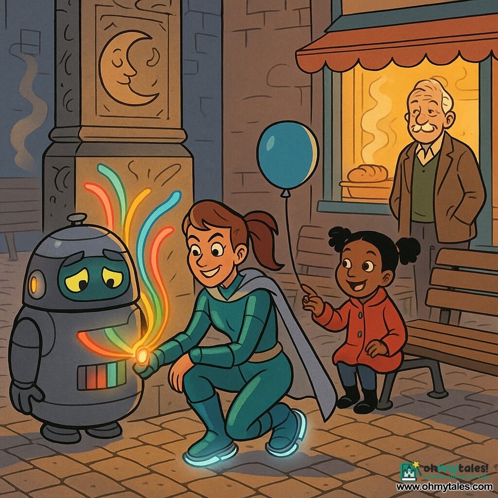 A smiling, focused adult heroine (Captain Mirador) with a determined face and bright, mischievous eyes wears a metallic teal outfit, short silver cape and humming gravity-glide boots; crouched by a carved stone lamppost she presses a button, a warm glow issuing from her bracelet-lens as she gently repairs and reactivates the Lantern Core. A floating Mood Manager robot the size of a trash bin, smooth gray casing and light domes, blinking screen-eyes and tired but curious expression, releases colorful light ribbons beside her. An 8-year-old girl with pigtails in a red coat watches from a nearby bench, smiling and pointing at the ribbons while holding a balloon. An elderly local man in a tweed jacket with a white mustache stands relieved by a reopened shop window, hands in pockets, watching the lantern regain its glow. The scene is the cobbled old Lantern Quarter with worn stone slabs, sculpted stone lampposts engraved with moons and suns, hand-painted signs and small brick shops, warm honey lighting and pastry steam in the air; the colorful ribbons return to windows and passersby, strong contrast between lingering gray and vivid colors, clear mid-shot composition, saturated colors and crisp Franco-Belgian comic-style lines, comforting optimistic atmosphere.