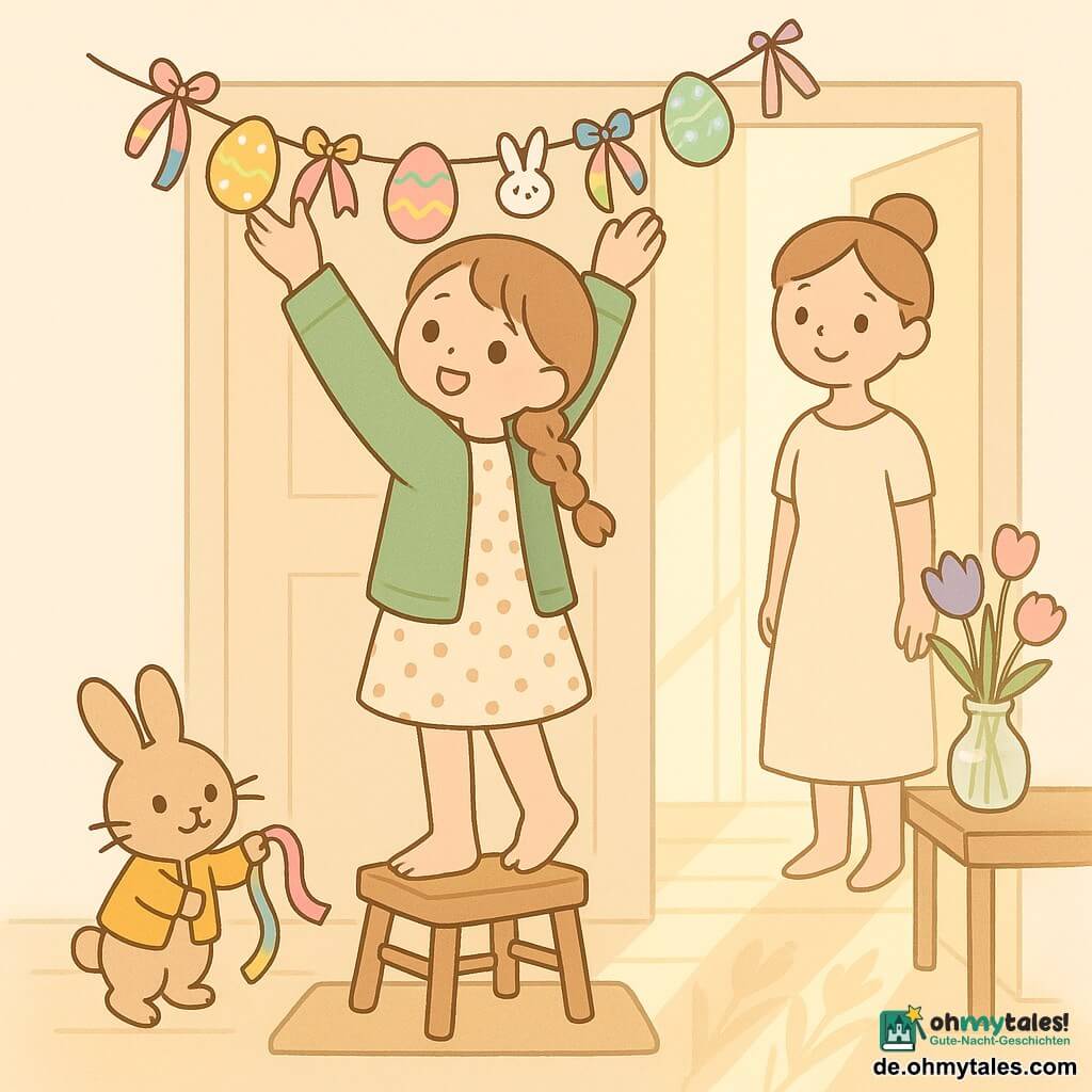 Prudence, 10 Jahre alt, fröhlich und konzentriert, hellbraunes Haar in lockerer Zopf, grüne Jacke und gepunktetes Kleid, barfuß auf einem Holzschemel, befestigt über einer Tür eine große bunte Oster-Girlande aus bemalten Eiern, Papierhasen und glänzenden Bändern; ein kleiner frecher Hase mit goldener Jacke und feinen Schnurrhaaren steht auf dem Fußabtreter und hält ein farbiges Band; die Mutter (ca. 35), im hellen Kleid mit Dutt, lächelt und klatscht im Türrahmen bei weichem Licht; Flur mit hellem Holzboden, cremefarbenen Wänden, Blumenvase auf einer Konsole, Sonnenstrahlen und Schatten von Iris und Tulpen auf dem Boden, warme festliche Stimmung mit leuchtenden Farben (Rosa, Gelb, Blau, Grün).