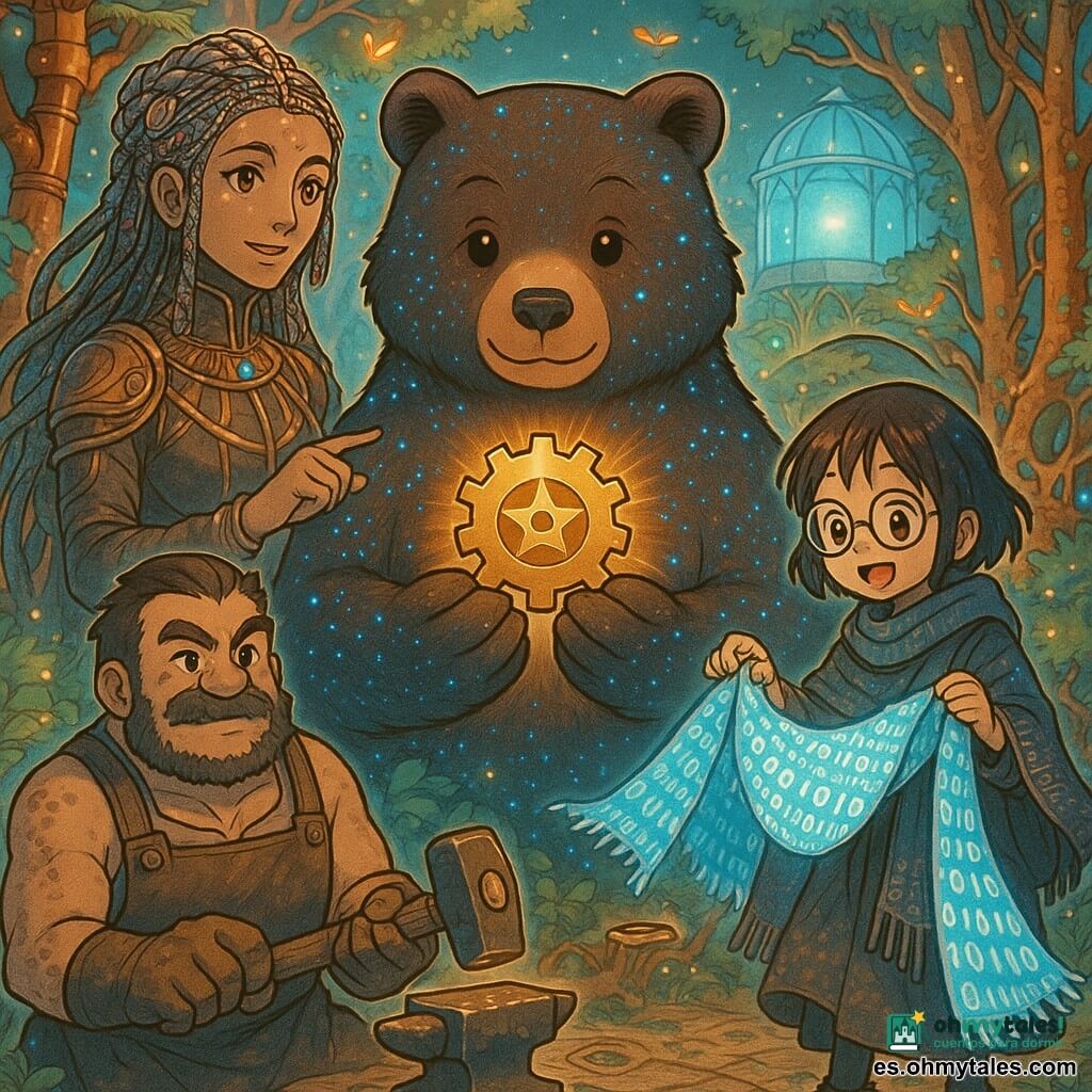 Un gran oso antropomorfo de pelaje marrón oscuro salpicado de pequeñas manchas azul plateadas, mirada dulce y decidida y leve sonrisa, sostiene con delicadeza un pequeño engranaje dorado grabado con una estrella frente al pecho; a la izquierda, Maestra Lila, mujer alta de cabellos trenzados con hilos metálicos y pétalos, vestida con una túnica de cuero y cables, rostro sereno, señala un observatorio de cristal detrás; a la derecha, Ina, joven tejedora de códigos, pequeña y vivaz con gafas redondas y un largo chal de motivos binarios, desenrolla un tejido luminoso de símbolos; Tor, forjador robusto con delantal y manos cubiertas de polvo de metal, martillo junto a un yunque diminuto, muestra orgullo listo para forjar un engranaje; al fondo, la Isla de los Autómatas Silvestres: jardín mecánico con columnas coralinas de cobre, raíces metálicas cubiertas de musgo verde brillante, luciérnagas de cobre flotantes y un observatorio de cristal que emite pulsos de luz suave; escena en la plaza frente al Reloj Vivo, luz dorada irradiando desde el engranaje, ambiente de asombro y unidad, paleta cálida con azules eléctricos y cobre envejecido, estilo manga claro con contornos nítidos y expresiones expresivas.