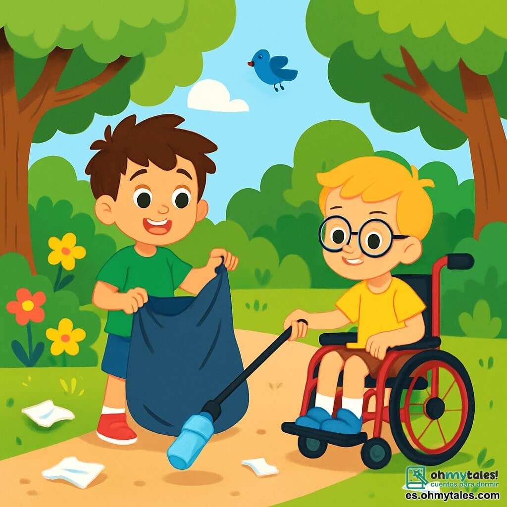 Hay 2 personajes principales: Lucas, un niño de 8 años con cabello castaño desordenado y ojos brillantes, que lleva una camiseta verde y un pantalón corto azul, sosteniendo una gran bolsa de basura; y Mateo, un niño de 9 años sentado en una bonita silla de ruedas roja, con cabello rubio y gafas redondas, que lleva una camiseta amarilla y un pantalón corto beige, utilizando un largo palo para recoger basura del suelo. La escena se desarrolla en un parque verde, lleno de árboles majestuosos y flores coloridas, aunque el suelo está cubierto de basura. La historia muestra a Lucas y Mateo limpiando el parque, sonriendo y trabajando con entusiasmo para hacerlo limpio y acogedor, rodeados de la naturaleza.
