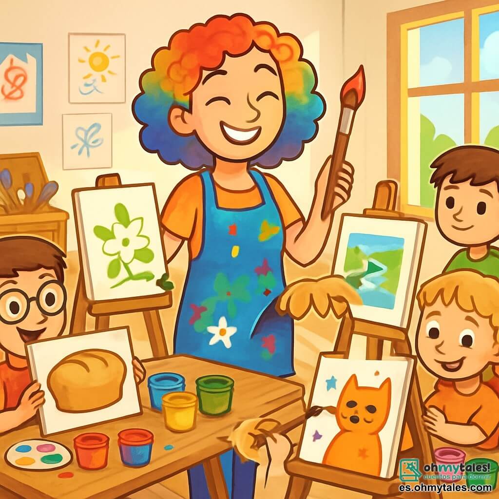 Una artista, Martina, con cabello rizado y colorido, sonriente y llena de alegría, se encuentra en el centro de su luminoso taller, rodeada de tarros de pintura brillantes. Lleva un delantal manchado de colores vivos y sostiene un pincel mágico en la mano. A su lado, cuatro niños entusiastas: Tomás, un niño de 10 años con cabello castaño y gafas redondas, observa asombrado un cuadro de pan que pintó. Lucía, una niña de 9 años con trenzas y una sonrisa curiosa, mira su jazmín secándose en un caballete. Carla, una niña de 8 años con cabello rubio y rizado, se dedica a añadir detalles a su gran gato en el lienzo. Finalmente, Mauro, un niño tímido de 9 años con cabello castaño, se mantiene un poco apartado, admirando su cuadro de un río colorido. El taller está lleno de luz, con grandes ventanas que dejan entrar el sol, paredes cubiertas de dibujos y pinturas, y un gran baúl de madera lleno de pinceles mágicos. Los niños están sentados alrededor de mesas de madera, rodeados de lienzos blancos y paletas de colores brillantes. La escena muestra a Martina enseñando a los niños a pintar, cada uno absorbido en su creación, con salpicaduras de pintura de colores en el suelo y risas resonando en el aire, ilustrando la magia del arte y la imaginación.