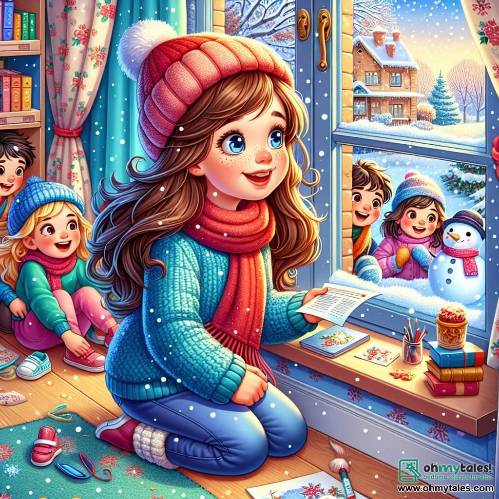 A 12-year-old girl, Emma, with long brown hair and rosy cheeks, gazes in wonder through her bedroom window, her eyes sparkling with joy. She wears a blue wool sweater and a red beanie, holding a flyer in her hands. Outside, snow gently falls, covering the garden in a bright white blanket. Sofia, another 12-year-old girl with curly blonde hair, sits on the windowsill, smiling and sharing winter memories with Emma. Max, a 12-year-old boy with glasses and brown hair, stands next to them, drawing snowmen in a notebook. The scene takes place in Emma's room, decorated with winter landscape posters, with snowflakes visible through the window. The floor is covered with toys and books, adding a warm touch to the atmosphere. The main focus shows Emma, full of excitement, contemplating which winter activity to choose for her school project, surrounded by her friends who share their ideas and dreams of snowy adventures.