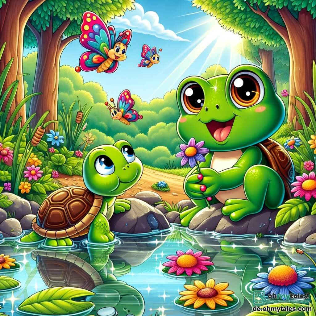 Ein kleiner grüner Frosch namens Felix, mit großen leuchtenden Augen und einem begeisterten Lächeln, steht auf einem Stein am Ufer eines klaren Teiches und hält eine kleine bunte Blume in seinen Händen. Neben ihm schaut eine Schildkröte namens Timmy, mit einem braunen Panzer und neugierigen Augen, bewundernd zu Felix, während ein hübscher Schmetterling namens Bella, mit bunten Flügeln, fröhlich um sie herumfliegt. Der Ort ist ein wunderschöner, grüner Wald mit hohen Bäumen und leuchtend grünen Blättern sowie bunten Blumen am Wegesrand. Der Teich funkelt in der Sonne, umgeben von Schilfrohr und kleinen Steinen, während ein leichter Wind die Blätter tanzen lässt. Die Hauptsituation zeigt Felix und seine Freunde, die farbige Abfälle aus dem Wasser sammeln, mit entschlossenen und fröhlichen Gesichtsausdrücken, während sie das Chaos in einen künstlerischen Garten voller Blumen verwandeln.