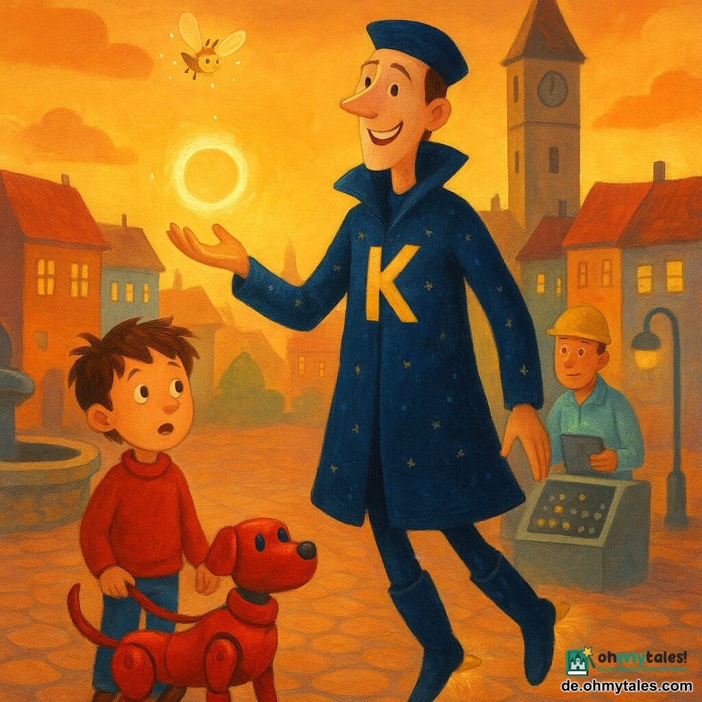 Ein großer, schlanker Mann, Kapitän Kometto, lächelt beruhigend, trägt einen mit kleinen Sternen besetzten, mitternachtsblauen Mantel und ein glänzendes K auf der Brust, schwebt leicht über dem Boden in kleinen Turbinenstiefeln und streckt die Hand zu einem leuchtenden Ring; links steht der etwa 7-jährige Tim mit zerzaustem braunen Haar, erstaunt und erleichtert, hält an der Halsung seines kleinen roten Roboterhundes Wirbel, der sich gerade nicht mehr dreht; Wirbel ist metallisch mit gelenkigen Beinen, rundem Maul und rotem Halstuch, sitzt aufmerksam; im Hintergrund ein Techniker mit gelbem Helm an einer offenen Konsole, sichtlich erleichtert und mit einem leuchtenden Tablet; der Funkel-Floh, ein winziger goldener Leuchtkäfer-Roboter mit durchsichtigen Flügeln und sanften Funken, schwebt über Kabeln; Schauplatz ist der zentrale Platz von Wolkenfels bei Sonnenuntergang mit runden Pflastersteinen, einer steinernen Brunnen links, bunten Häusern, einer großen Uhrenturm-Silhouette und vereinfachten Windmühlen; die Szene ist ruhig und froh nach dem Abenteuer, warmes Abendorange, noch schwebende Funken, die Figuren versammelt wie ein Team, sichere, gemütliche Atmosphäre und kräftige, gouacheartige Farben mit sichtbaren Pinselspuren und Lichtakzenten.