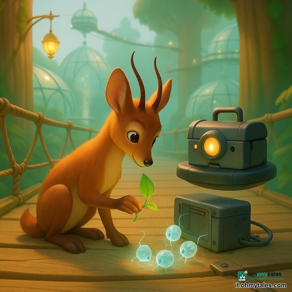 Nilo, protagonista: piccolo animale tra capra e volpe dal manto rame lucente e corna sottili, occhi grandi e concentrati, accovacciato vicino a una scatola di giunzione metallica vibrante mentre porge un piccolo condensatore-foglia verde luminescente; Plico-7, secondario: robot-servizio a forma di cassetta su piattaforma levitante, carrozzeria grigio acciaio opaca con dettagli gialli e un occhio-lampada che emette un tenue bip, posizionato dietro Nilo in atteggiamento ansioso ma solidale; tre "piccoli ladri di scintille": creature tonde con corazze traslucide incrinate e bagliori azzurri, fragili e curiose riunite attorno al condensatore; luogo: passerella sospesa in bambù tecnico tra tronchi giganti con pavimento chiaro e ringhiera in fibra vegetale, sullo sfondo serre opaline, ponti magnetici e lanterne solari, lieve nebbiolina scintillante; situazione: momento calmo e luminoso in cui Nilo calma e nutre le creature elettriche per fermare una perdita di energia, atmosfera riparatrice, colori rame, verde e riflessi bluastri sul metallo.