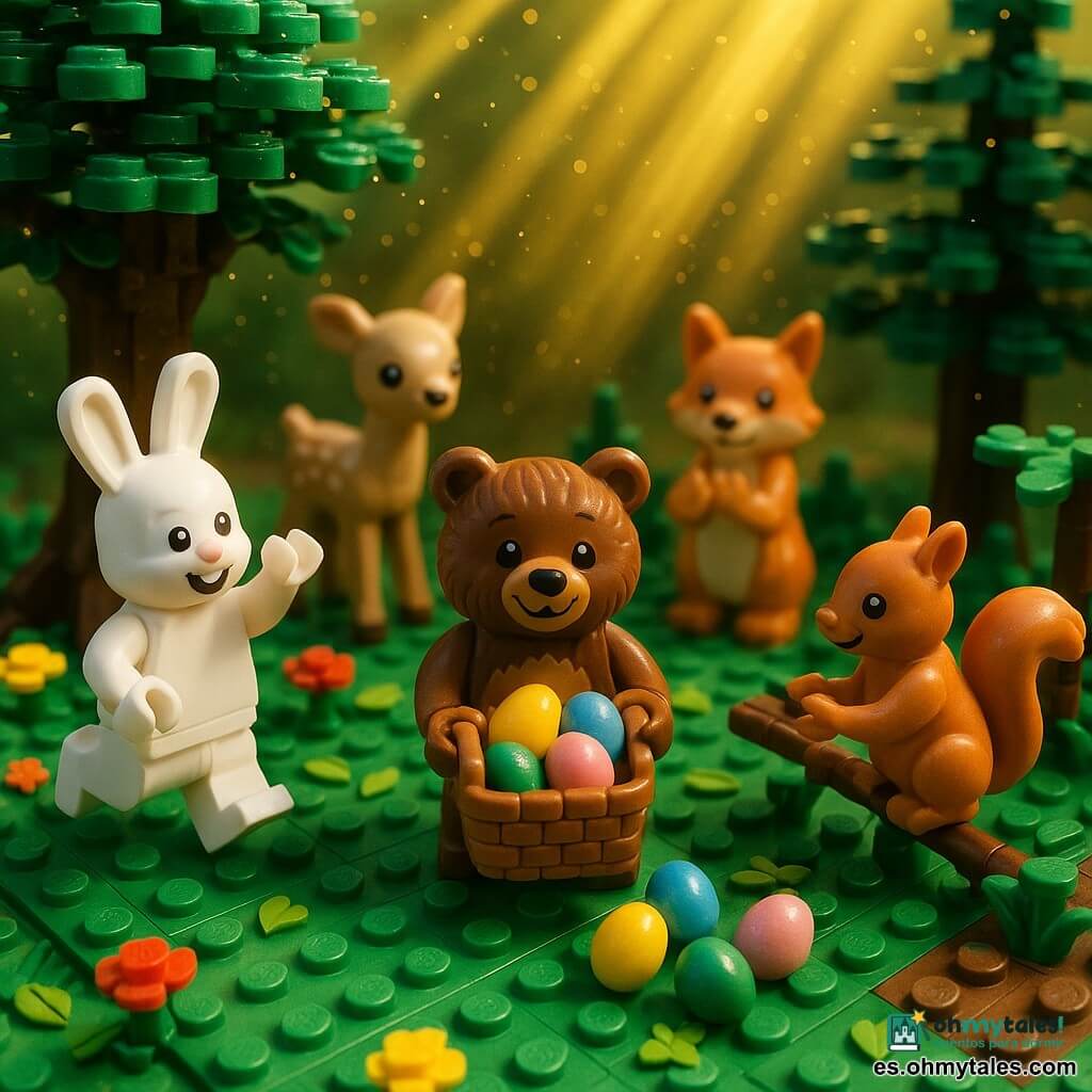 Un pequeño oso de ladrillos (marrón, pelaje texturado, grandes ojos redondos y sonriente) sostiene una cestita de mimbre LEGO con huevos de colores; está en el centro, de pie y alegre; a la izquierda, un conejo de ladrillos blanco de largas orejas salta celebrando; a la derecha, una ardilla rojiza sobre una rama baja de LEGO extiende la pata para coger un huevo; un cervatillo y un zorro en segundo plano aplauden junto a los árboles; claro en ladrillos verdes con hierba texturada, pequeñas flores LEGO multicolor, un gran roble a la izquierda, rayos de sol amarillos, hojas dispersas y un sendero de ladrillos marrones; los animales cuentan huevos de Pascua multicolores en suelo y ramas mientras una fina lluvia de polvo dorado LEGO crea una atmósfera mágica y cálida.