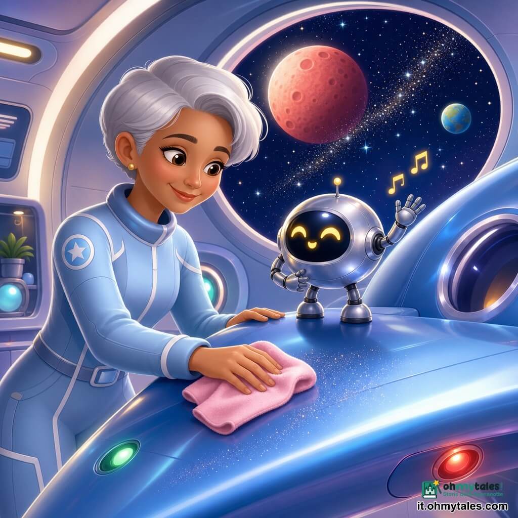 Donna adulta, Stella, sorridente e dolce, occhi brillanti, capelli corti argentei, in tuta spaziale azzurra con cuciture bianche, sta asciugando con un panno rosa l'ala lucida della navetta; accanto a lei un piccolo robot compagno tondo in metallo cromato con occhi LED gialli che lampeggiano, canta e muove un braccio meccanico. La navetta è grande e blu, superficie liscia con oblò rotondi e luci verdi e rosse; sullo sfondo una grande finestra rotonda mostra un cielo stellato profondo, una luna rossa vicina e una piccola pianeta verde-azzurro, polvere di stelle scintillante. La scena è calma e calda, luce soffusa, toni pastello; azione principale: pulizia complice dell'ala per togliere la polvere di stelle.