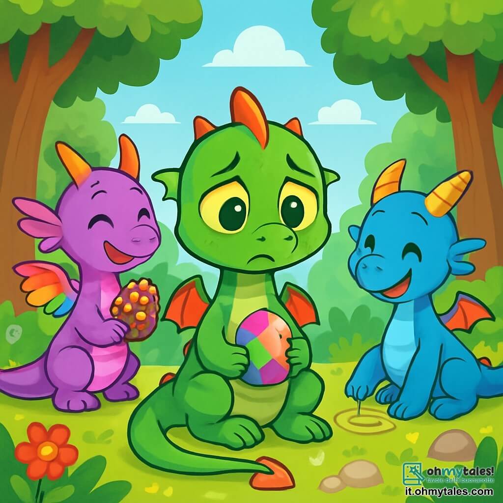 Lillo, un piccolo drago dalle squame verdi brillanti e dagli occhi gialli vivaci, si trova al centro della scena con un'espressione curiosa e leggermente triste. La sua lunga coda è avvolta attorno a una pietra colorata che tiene tra le zampe, mentre guarda con speranza verso i suoi amici. Fiammetta, una draghetta viola con ali arcobaleno, è a sinistra di Lillo, sorridendo calorosamente mentre tiene una pigna decorata. Brontolo, un piccolo drago dalle corna contorte e dalle squame blu, è a destra di Lillo, con un'espressione di incoraggiamento e un leggero sorriso, mentre disegna forme nel terreno con la zampa. La scena si svolge in una radura soleggiata nella foresta di Boscoverde, circondata da alberi e fiori colorati. Lillo, circondato dai suoi amici, condivide le sue emozioni sulla separazione dai genitori mentre giocano insieme, creando un momento caldo e confortante nel cuore della foresta.