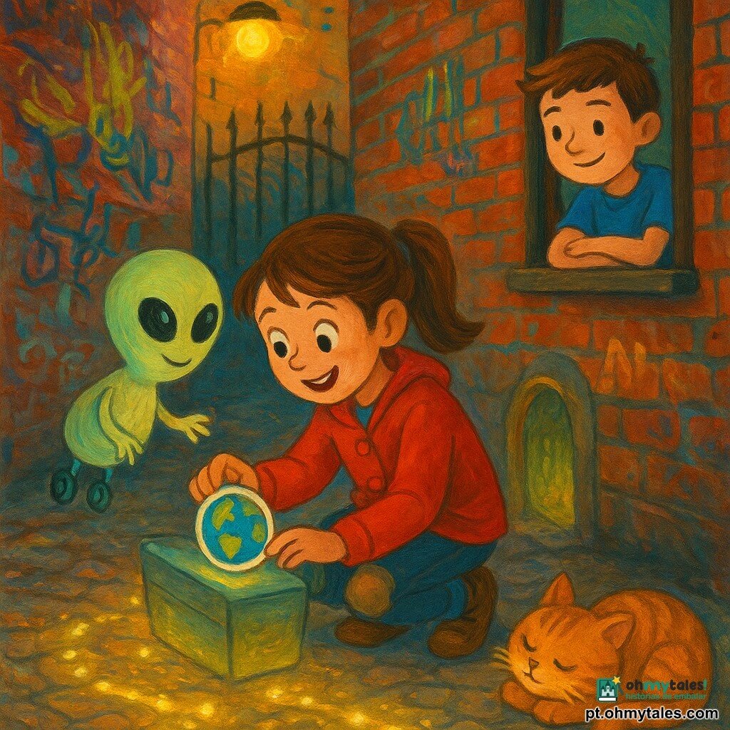 Uma menina de 8 anos, emocionada, cabelos castanhos em tranças e jaqueta vermelha, agachada numa pedra, cola um autocolante redondo da Terra numa consola brilhante; um extraterrestre chamado Bixi, em forma de pera, pele verde-pastel canelada, grandes olhos pretos e quatro dedos, flutua sobre três rodas pequenas e sorri curioso; um rapaz de cerca de 9 anos, de cabelo curto e camiseta azul, observa sorrindo por uma janela sobre a viela; o gato laranja Pipo está enrolado junto às escadas; a cena passa-se numa viela estreita de calçada com paredes de tijolo grafitadas, lâmpadas amarelas, um portão de ferro enferrujado e uma porta redonda que deixa passar uma luz pêssego-esverdeada — momento terno e mágico em que a cola do autocolante faz a consola emitir trilhas de luz que desenham um mapa brilhante nos paralelepípedos, criando uma atmosfera quente, colorida e ligeiramente fantástica.
