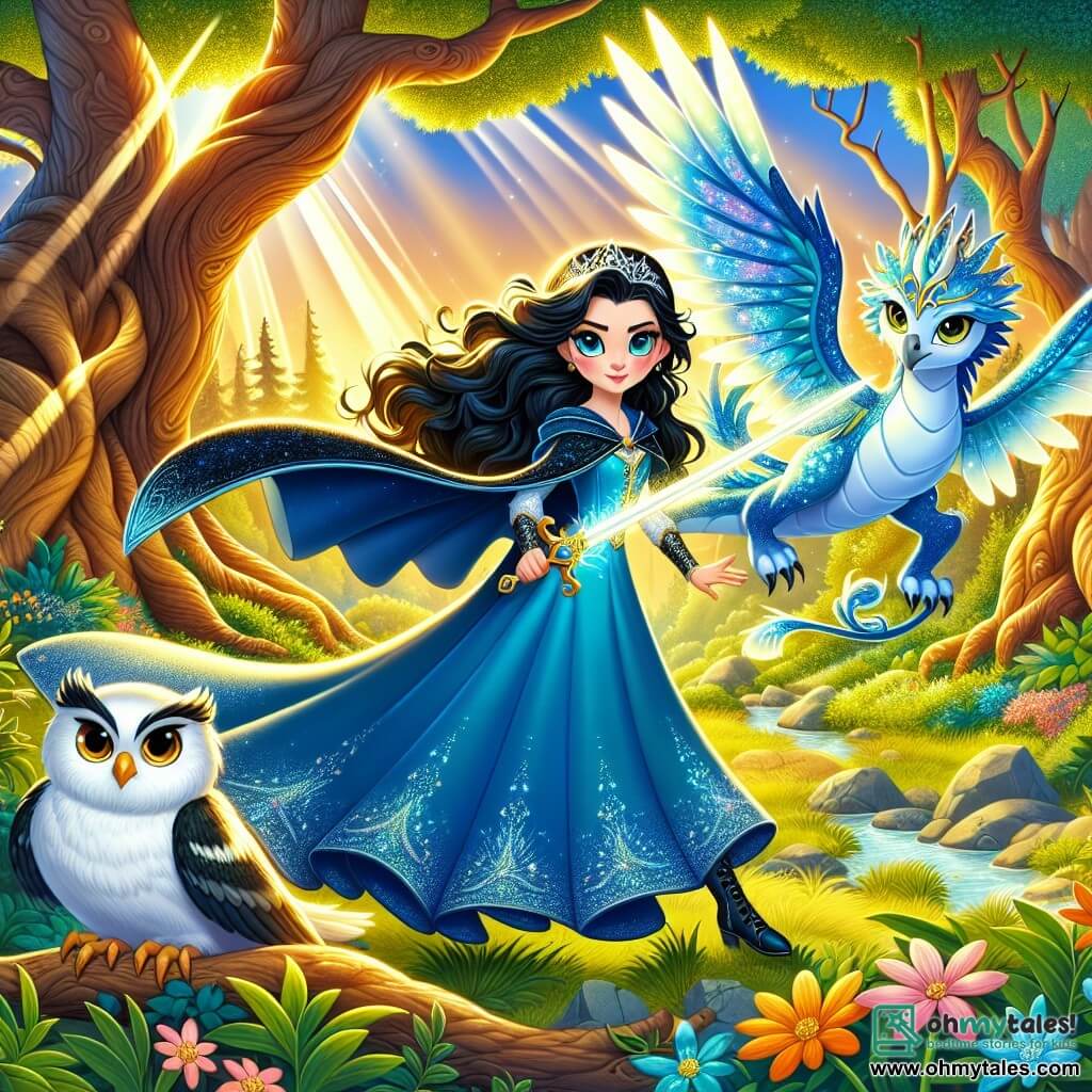 Luna, a brave young woman of about 20, stands center stage with star-like bright eyes and flowing black hair. She wears a vibrant blue cape and wields a shimmering sword, ready to face the darkness, her face showing determination and courage. Beside her, Dazzle, a small dragon with sparkling, colorful scales, joyfully flies around her, his translucent wings catching the sunlight. He is full of energy and enthusiasm, adding a touch of magic to the scene. In the background, Oliver, a wise owl with white feathers, perches on a low branch, observing with piercing eyes and a serious expression, ready to guide Luna in her quest. The scene takes place in the depths of the Whispering Forest, where majestic trees with gnarled trunks reach for the sky, their vibrant green leaves creating a natural canopy. Colorful flowers dot the ground, while rays of light break through the foliage, illuminating Luna's determined face. The main situation shows Luna preparing to confront the Shadow Creature, the Shadow Monster, emerging from the darkness with glowing red eyes and a body shrouded in blackness. With her sword raised, Luna is ready to defend her kingdom, while Dazzle and Oliver encourage her, creating an atmosphere of courage and adventure.
