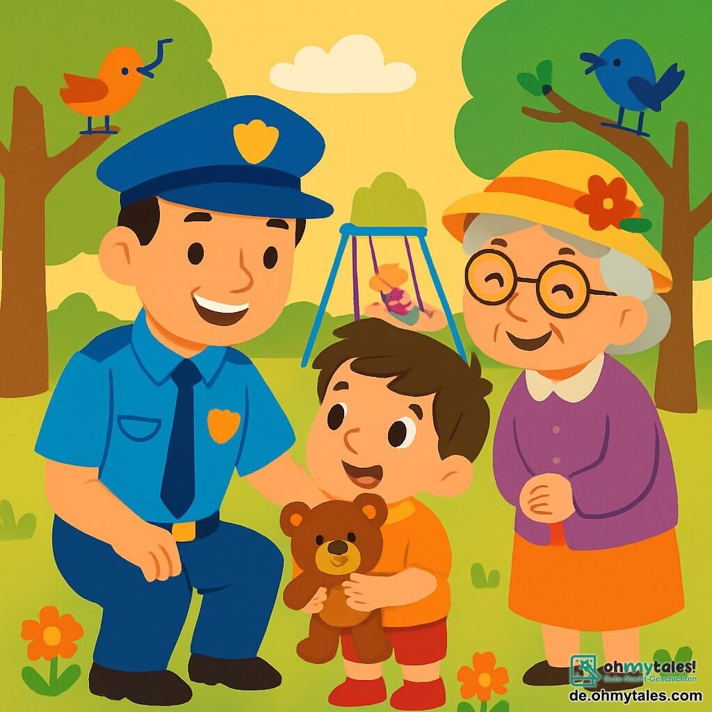Ein Polizist, ein lächelnder und wohlwollender Mann in seinen Dreißigern, trägt eine leuchtend blaue Uniform mit einer Mütze. Er steht in einem Park, umgeben von grünen Bäumen und bunten Blumen, und hilft einem kleinen Jungen. Der fünfjährige Junge hat braune Haare und strahlende Augen. Er hält einen Teddybär und schaut den Polizisten bewundernd an. Neben ihnen steht eine etwa 70-jährige Dame mit Brille und einem blumigen Hut, lächelnd und dankbar. Die Szene spielt in einem sonnigen Park, in dem Kinder auf Schaukeln spielen und Vögel in den Bäumen singen. Der Polizist hilft dem kleinen Jungen, seinen verlorenen Teddybär zu finden, und beide lächeln fröhlich, was eine Atmosphäre von Sicherheit und Glück schafft.