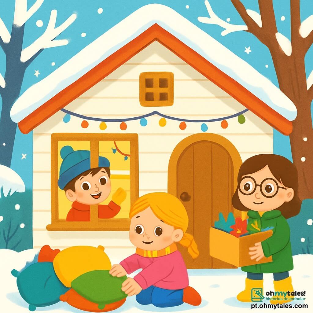 Há 3 personagens: - Léo: um menino de 6 anos, com cabelos castanhos e olhos brilhantes. Ele veste um casaco vermelho vivo, um gorro azul e luvas amarelas. Ele está fechando uma janela, sorrindo. - Sofia: uma menina de 5 anos, com cabelos loiros trançados e bochechas rosadas. Ela usa um casaco rosa e um cachecol listrado. Está sentada no chão, cercada por almofadas coloridas, organizando-as. - Ana: uma menina de 6 anos, com cabelos castanhos e óculos redondos. Ela veste um casaco verde e botas de borracha. Está em pé perto da porta, segurando uma caixa de decorações de inverno. O local é uma charmosa casa de madeira, com paredes brancas e um telhado coberto de neve. Do lado de fora, o jardim está salpicado de flocos de neve cintilantes, e árvores com galhos nevados cercam a casa. Luzes coloridas decoram as janelas, adicionando um toque festivo à atmosfera de inverno. A cena principal mostra os amigos se dedicando alegremente a preparar a casa para o inverno, cada um com uma tarefa, cercados de neve e decorações coloridas.