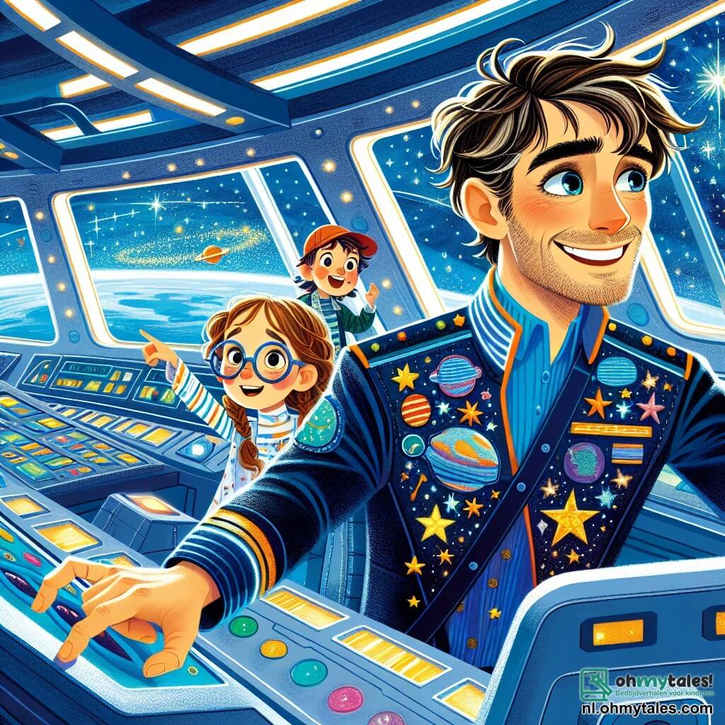Hoofdpersonage Captain Leo is een man van dertig jaar met rommelig bruin haar en nieuwsgierige ogen. Hij draagt een glanzend blauwe ruimtepak versierd met kleurrijke patches van sterren en planeten. Zijn gezicht straalt blije vastberadenheid uit terwijl hij met een zelfverzekerde glimlach de bedieningselementen van zijn ruimteschip, de Stardust, aanpast. Naast hem staat een 10-jarig meisje, Mia, met ronde bril en gevlochten blond haar, dat aandachtig naar de controlepanelen kijkt. Een 9-jarig jongetje, Tom, met een achterstevoren rode pet, staat bij het raam, vol bewondering voor de schoonheid van het universum en wijst naar een heldere ster. De scène speelt zich af in de cockpit van de moderne Stardust, met zilveren muren en zachte verlichting. Grote ramen bieden een spectaculair uitzicht op de uitgestrektheid van de ruimte, vol fonkelende sterren en kleurrijke draaiende planeten. Captain Leo navigeert door de ruimte, omringd door de kinderen die hem helpen een technisch probleem op te lossen, terwijl hun gezichten verlicht worden door het schermlicht, wat hun enthousiasme en vastberadenheid om de mysteries van het universum te verkennen weerspiegelt.