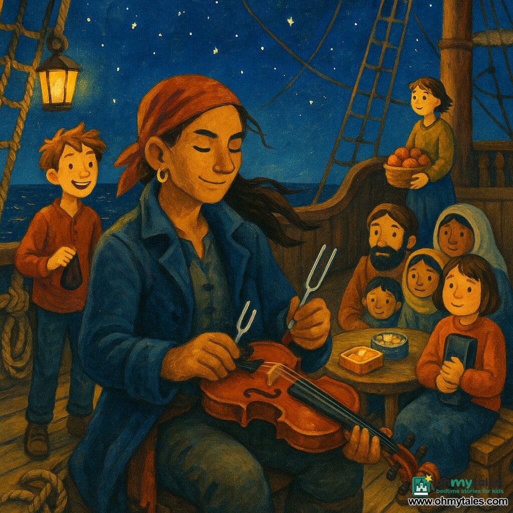 Main scene: pirate captain Mara Tide, focused and serene with sun‑bronzed face and wind‑swept dark braid, in a worn navy coat, holding a silver tuning fork and tuning a violin on her lap on the wooden deck of an old three‑masted ship; left, about 12‑year‑old Jun, thin and energetic with messy hair, smiles admiringly holding a small velvet pouch at the rail; right, about 10‑year‑old Poppy, round and shy with a bob, clutches a tuning‑fork case while sitting on a wooden chest beside a refugee family; behind them Lark (~14), resourceful with short hair, keeps watch holding a basket of oranges and looking to sea; the grooved planks, loose rigging and hanging yellow lanterns casting circles of light, black sea reflecting stars and partially furled sails set a warm vigil: crew and family gathered at a table with a biscuit tin and a shiny compass, relaxed expressions and knowing smiles; warm color palette (ochres, deep blues, faded reds), acrylic‑like texture, soft light and intimate atmosphere, realistic details like rope knots, coat folds and wood grain.