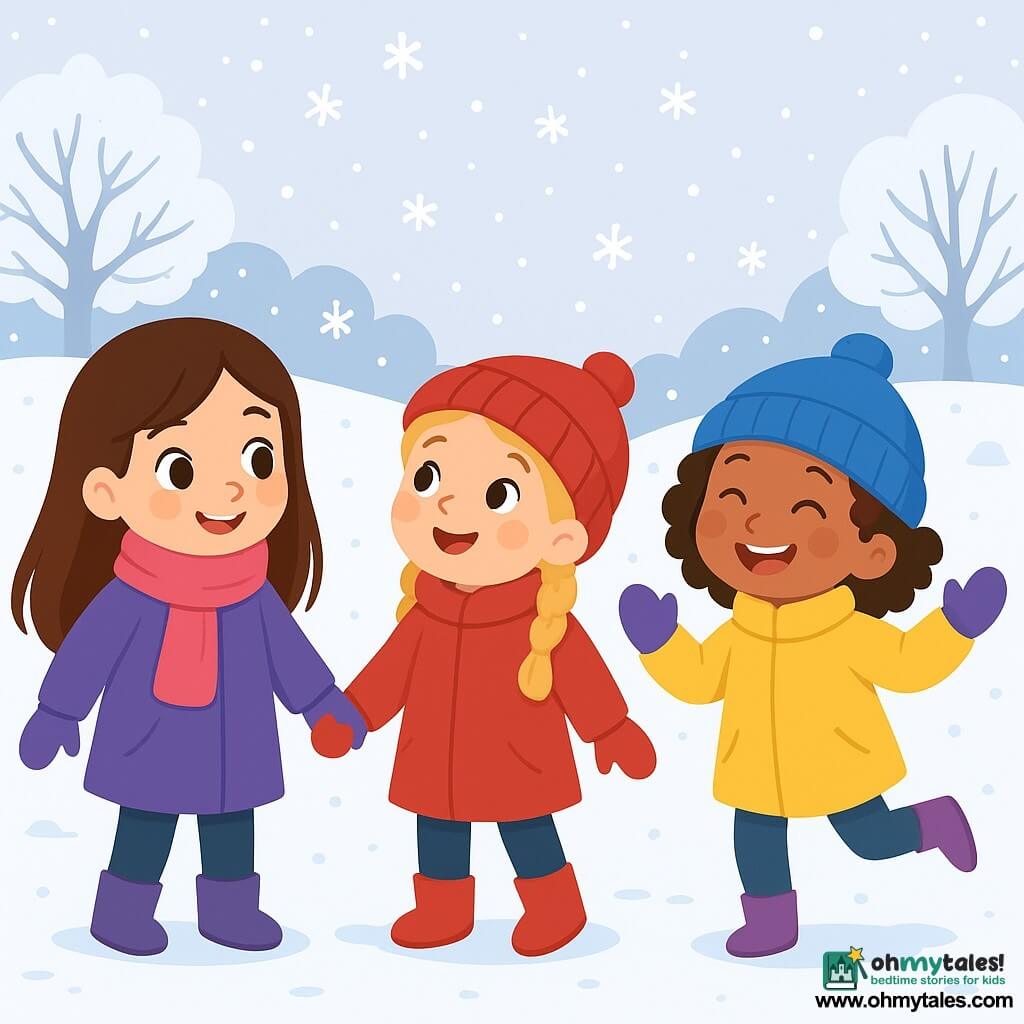 There are 3 characters: Mia, an 8-year-old girl with long brown hair and sparkling eyes, wearing a purple coat, pink scarf, and purple gloves, stands on the left, smiling while holding Ella's hand. Ella, a 7-year-old girl with braided blonde hair and rosy cheeks, is dressed in a red coat, matching hat, and red mittens, positioned in the center, looking at the falling snowflakes. Zoe, a 6-year-old girl with curly brown hair and a big smile, wears a yellow coat, blue hat, and Mia's purple gloves, on the right, doing a little dance in the snow. The setting is a winter park with snow-covered trees and a light gray sky. The ground is covered in a thick layer of soft snow, and snowflakes fall slowly around the girls. In the distance, a small hill can be seen where children are sledding. The main scene shows the three girls joyfully playing in the snow, admiring the falling flakes and laughing together, creating an atmosphere of happiness and friendship.