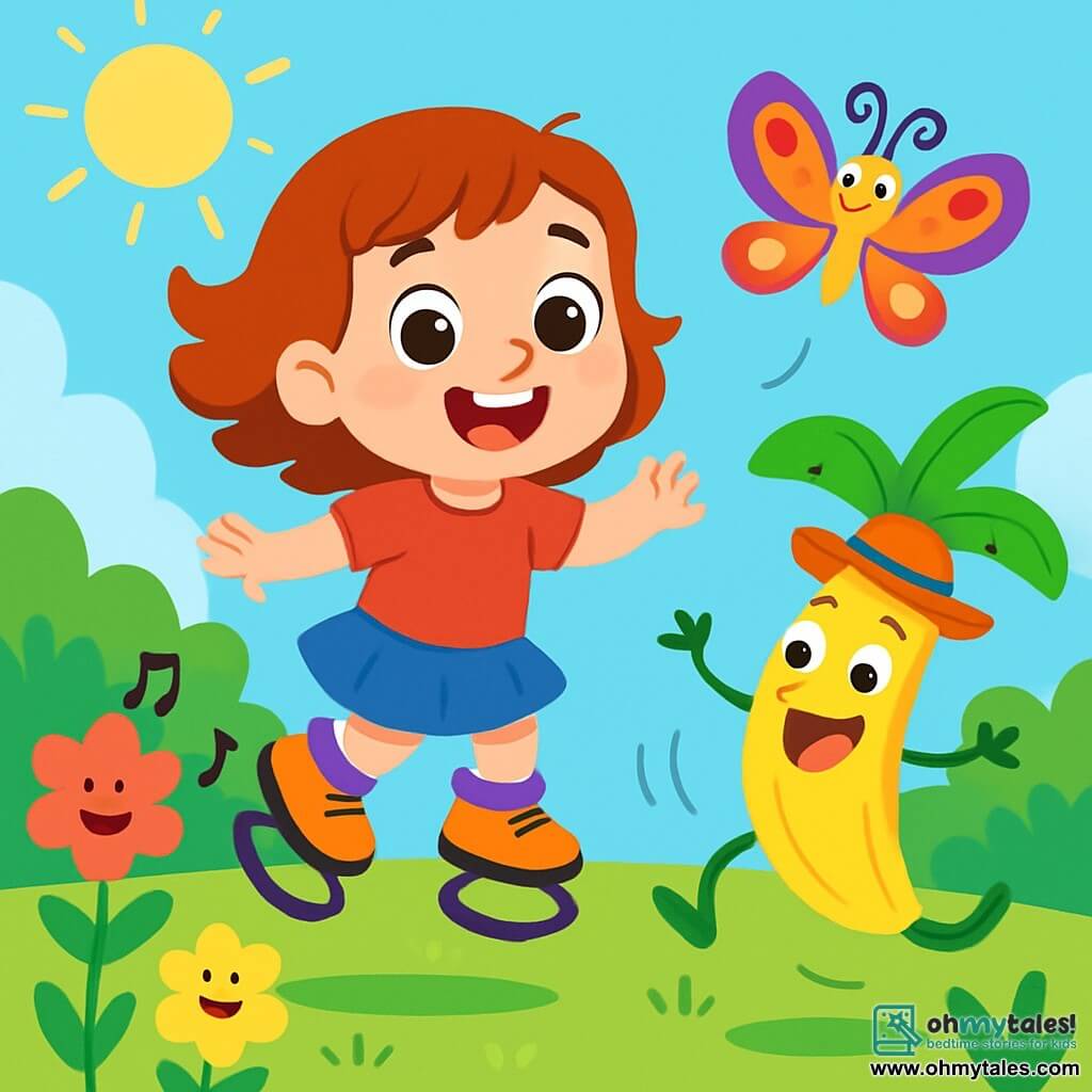 A 4-year-old girl, Mia, with big sparkling eyes and a bright smile, is wearing bouncy shoes. She is joyfully jumping in a sunny garden surrounded by colorful singing flowers. Next to her, a funny banana tree with a silly hat is jumping, its round mischievous eyes shining with excitement. A butterfly with multicolored wings and curled antennae is flying around them, adding a touch of magic to the scene. The garden is filled with vibrant greenery, dancing flowers, and a clear blue sky. The main scene shows Mia, the banana tree, and the butterfly having fun together, laughing and dancing, creating a joyful and absurd atmosphere.