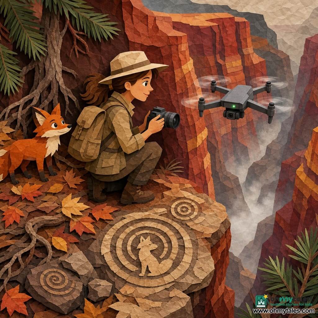 A woman explorer, Lila, about 30, determined smile, bright eyes, chestnut ponytail, wearing a beige wide-brim hat, khaki jacket and canvas backpack, kneels at the canyon edge holding a camera, attentive and cautious; a small bright orange fox with curious eyes stands a few steps behind on a bed of leaves as if guiding her; a matte gray compact drone hovers at chest height with spinning rotors and a small green light filming the canyon; the setting is a deep canyon with red and ochre striated walls, light mist rising, pine needles and exposed roots, spiral-arranged stones engraved with circular and fox motifs; composition contrasts her cautious calm and the wild grandeur, rendered in layered cut-paper style with crumpled paper textures for rock, warm colors, strong contrast, sharp shadows and crisp cut contours.