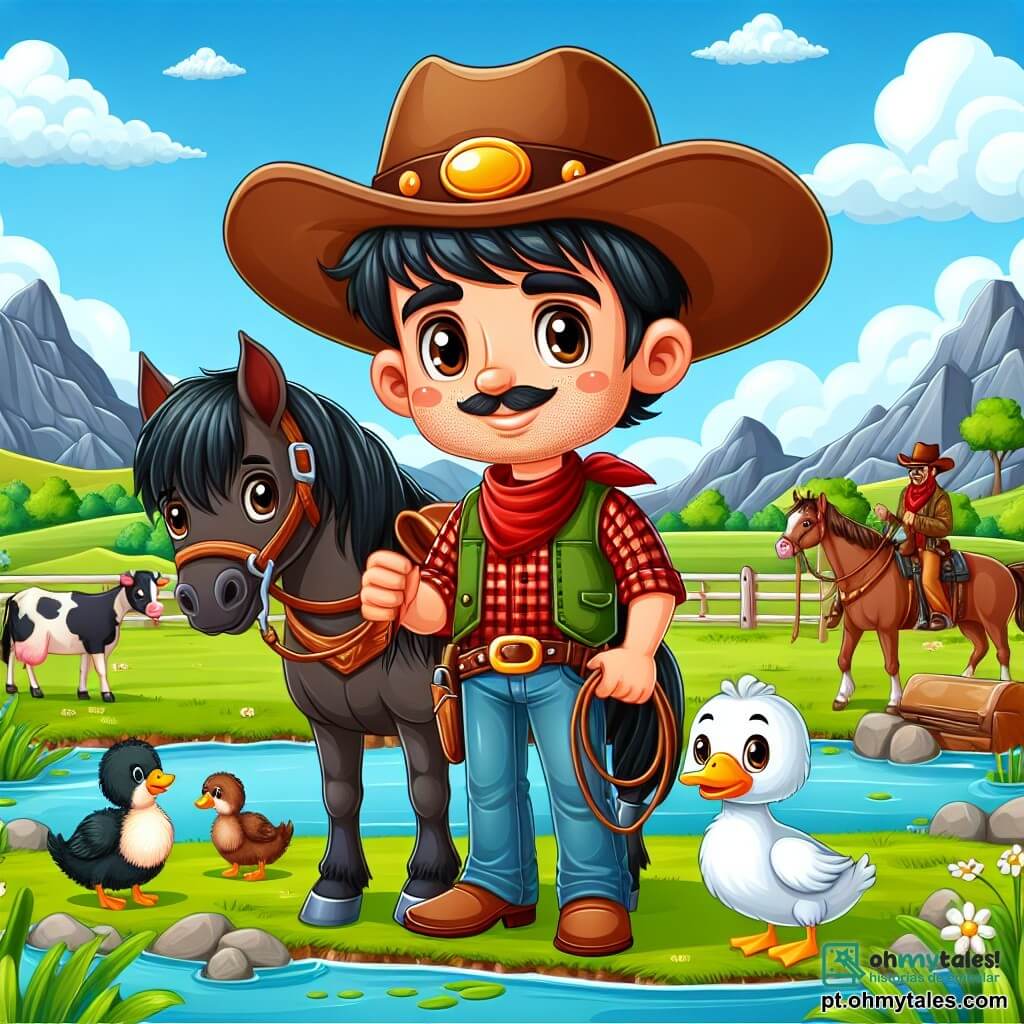 Um cowboy chamado João se posiciona corajosamente no centro da cena. Ele usa um grande chapéu de cowboy marrom, uma camisa xadrez vermelha e um jeans desgastado. Seu rosto é sorridente, mas determinado, com olhos brilhantes de bravura. Ele segura firmemente as rédeas de seu cavalo, Trovão, um magnífico cavalo negro com crinas brilhantes. À sua direita, Patinha, uma pequena pata fêmea com plumagem branca e um bico laranja, nada alegremente em um pequeno lago, olhando para João com admiração, pronta para ajudá-lo. O cenário é um vasto rancho ao ar livre, com pradarias verdes, montanhas majestosas ao fundo e um céu azul salpicado de nuvens brancas. Vacas pacíficas pastam nas proximidades, acrescentando vida ao ambiente. A situação principal mostra João e seus amigos animais se preparando para enfrentar três bandidos assustados, que recuam surpresos, cercados pelos animais do rancho. A atmosfera é dinâmica e cheia de coragem, ilustrando a unidade e a amizade entre João e seus companheiros.