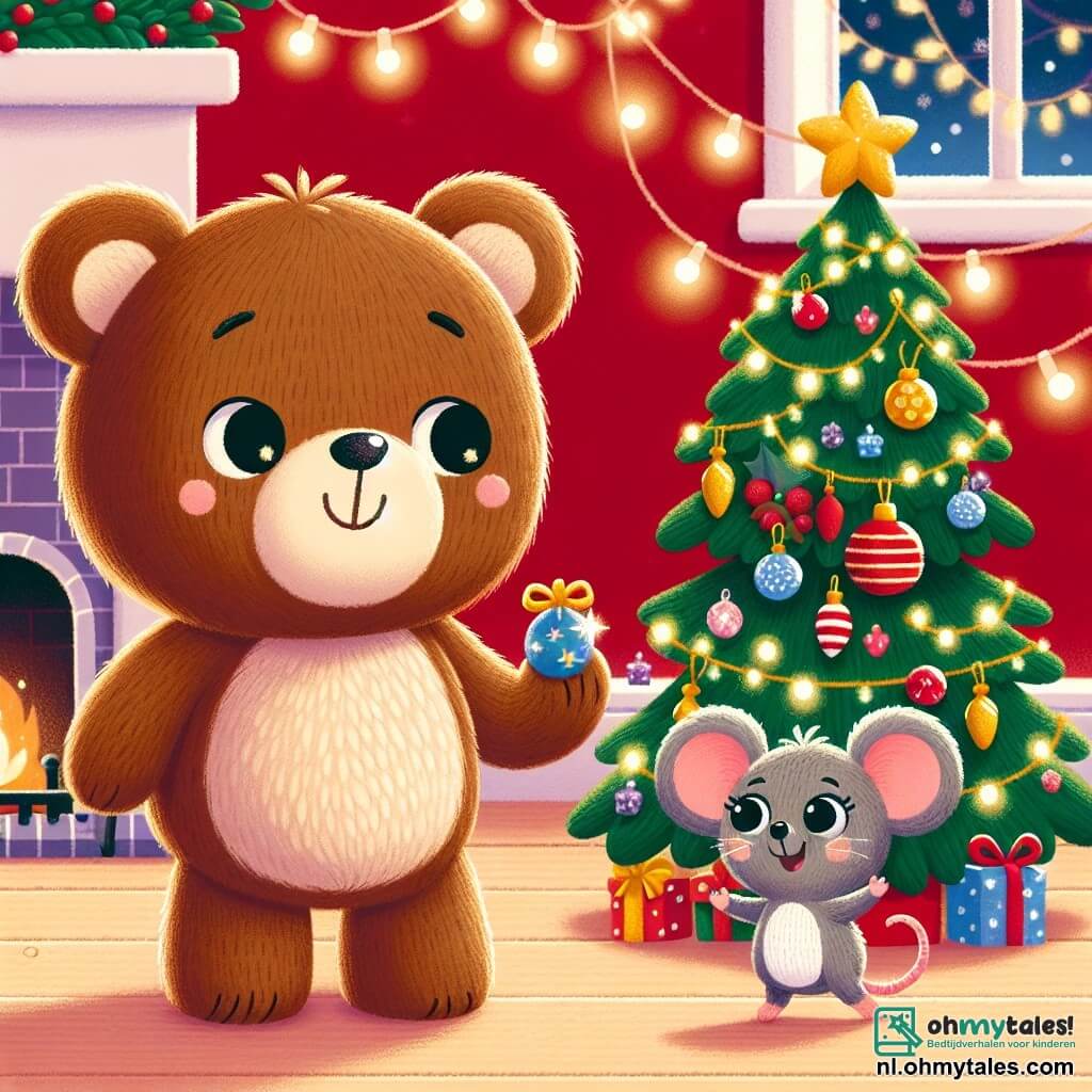 Een schattige teddybeer genaamd Benny, met een zachte bruine vacht en glanzende ogen, glimlacht vrolijk terwijl hij naar een kleine kerstboom kijkt die versierd is met kleurrijke slingers en fonkelende ballen. Naast hem danst een klein muisje genaamd Mia, met een grijze vacht en grote oren, enthousiast met sprankelende ogen, terwijl ze een klein cadeautje in haar pootjes vasthoudt. De scène speelt zich af in een warme woonkamer met rode muren en fonkelende lichten die de ruimte verlichten, terwijl een haard zachtjes knettert op de achtergrond. Benny en Mia hebben plezier samen rond de boom, zingen kerstliedjes en delen lachen, vol van de feestelijke geest en vriendschap.