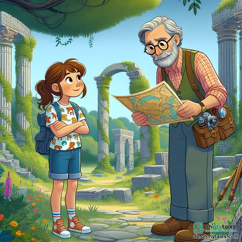 Im Vordergrund steht ein etwa 10-jähriges Mädchen namens Anna mit einem bewundernden Blick. Sie hat lange braune Haare, die zu einem Pferdeschwanz gebunden sind, und trägt ein buntes T-Shirt mit Tiermotiven, eine Jeansshorts und Turnschuhe. In ihren Händen hält sie eine alte Karte, die sie neugierig betrachtet. Neben ihr steht Dr. Elias, ein etwa 50-jähriger Mann mit runden Brillen und grauem Bart, der aufmerksam die alten Ruinen beobachtet. Er trägt ein kariertes Hemd und eine taschenreiche Weste, aus der Werkzeuge für die Erkundung herausragen. Der Ort ist eine wunderschöne Ruine einer vergessenen Stadt, umgeben von üppiger Vegetation. Majestätische Steinsäulen, die mit Efeu bewachsen sind, erheben sich, während ein großer, alter Baum mit ausladenden Ästen Schatten spendet. Bunte Wildblumen bedecken den Boden und verleihen der Umgebung einen Hauch von Magie. Die Hauptszene zeigt Anna und Dr. Elias, die die Quelle der Weisheit entdecken, einen großen Raum voller alter Manuskripte und geheimnisvoller Artefakte, während goldenes Licht durch die Ritzen der Wände strömt und ihre unglaubliche Entdeckung erleuchtet.