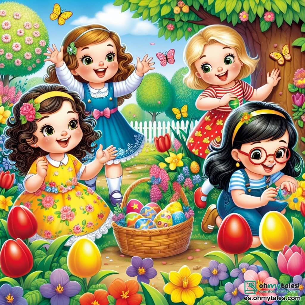 En un jardín colorido, cuatro niñas de cinco años están felices. Ana, con cabello castaño y rizado, lleva un vestido amarillo con flores y está en el centro levantando los brazos con una gran sonrisa. A su derecha, Sofía, con cabello rubio y liso, lleva un vestido azul y aplaude con entusiasmo. A la izquierda, Carla, con cabello castaño y una pequeña trenza, está agachada sosteniendo un brillante huevo de Pascua rojo. Finalmente, Lucía, con cabello negro y gafas redondas, está leyendo una pequeña tarjeta, inclinándose hacia adelante con curiosidad. El jardín está lleno de flores vibrantes como tulipanes rojos, narcisos amarillos y violetas. Un gran árbol con frondosas hojas verdes se alza al fondo y mariposas de colores vuelan alrededor de las niñas. Las cuatro amigas están buscando huevos de Pascua, riendo y divirtiéndose, mientras un grupo de pequeños conejos de Pascua las observa con ojos brillantes, listos para sorprenderlas con un baile alegre.