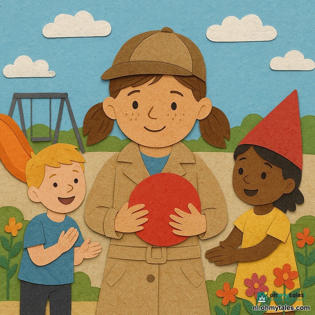 Een jonge detective Sophie (meisje, ~8), rond gezicht met sproeten, kastanjebruin haar in staartjes, draagt een beige trench van tekstpapier en heeft een kleine zilverkleurige papieren loep bij haar hand; ze glimlacht zacht, vastberaden en vriendelijk, en houdt een grote glanzende rode bal. Links staat Tim (~7), kort blond haar, brede glimlach, blauw T-shirt, bij de oranje glijbaan, klappend en kijkend; rechts een ander meisje (~6) met puntige rode hoed en gele jurk bij de bloemperken, opgelucht en reikend naar de bal. Speelplaats overdag: korrelig beige zandbak, oranje glijbaan, grijze papieren schommel, kleurrijke bloemperken, groen bankje en lichtblauwe lucht met katoenen papieren wolken. Hoofdmoment: Sophie geeft de grote rode bal terug, verzoening en gedeelde blijdschap; collage van gescheurd papier met felle kleuren, zichtbare randen en zachte schaduwen voor een kinderlijke, tactiele uitstraling.
