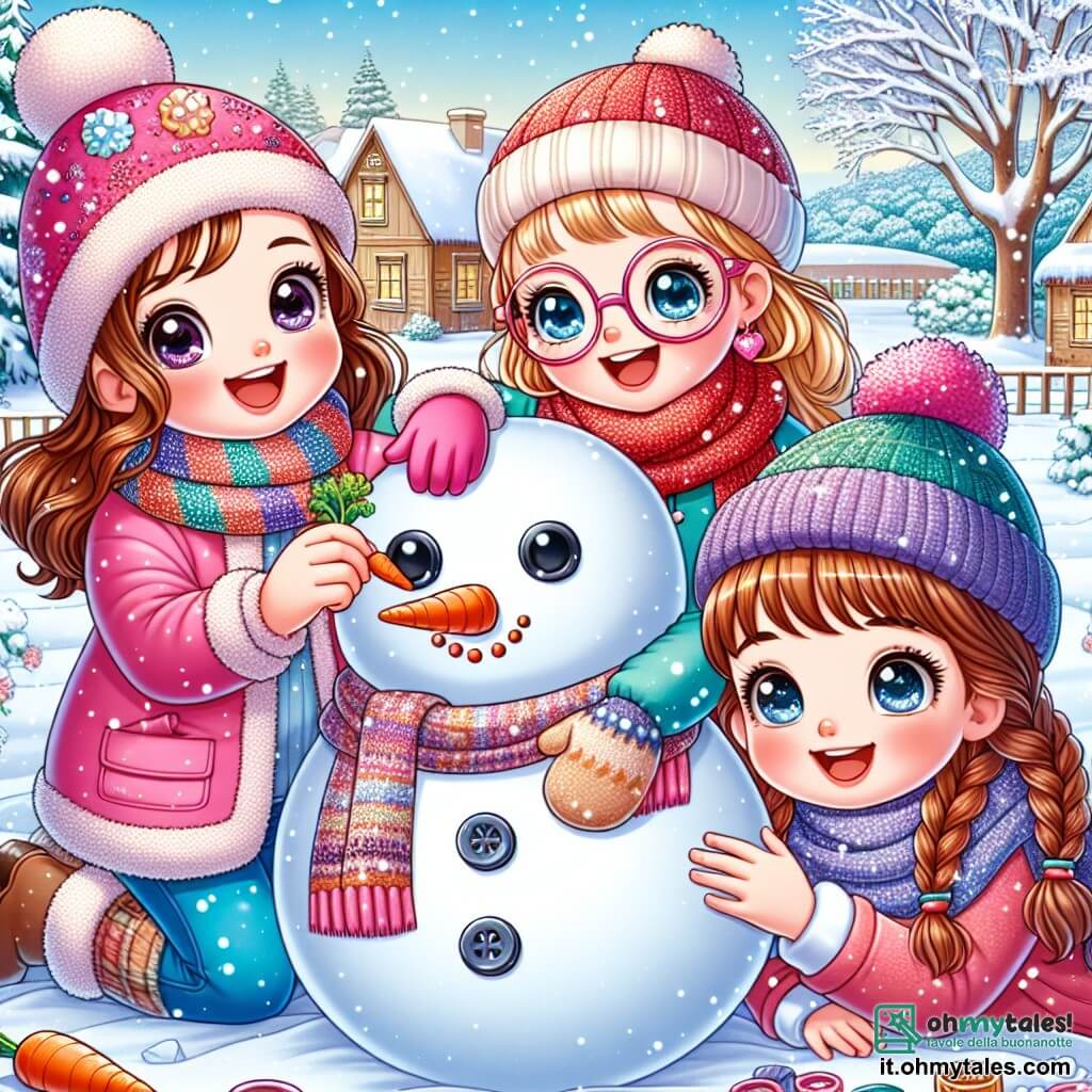 Tre bambine di sette anni, Sofia, Marta e Giulia, sono al centro dell'immagine. Sofia, con i capelli castani e occhi scintillanti, indossa un cappotto rosa acceso e un berretto abbinato, mentre sta modellando una grande palla di neve. Alla sua destra, Marta, con i capelli biondi e trecce, indossa un cappotto blu e una sciarpa rossa, sorridendo mentre tiene una carota per il naso del futuro pupazzo di neve. A sinistra, Giulia, con capelli castani e occhiali, è avvolta in una sciarpa multicolore e tiene due bottoni neri per gli occhi, pronta a metterli sulla testa del pupazzo di neve. Lo sfondo è un giardino innevato, con alberi coperti di neve scintillante e un cielo blu chiaro punteggiato di nuvole bianche. Sullo sfondo si vedono case di legno con tetti innevati, creando un'atmosfera calda e festosa. Le tre amiche stanno costruendo il pupazzo di neve più grande del villaggio, ridendo e divertendosi insieme, mentre il sole tramonta, tingendo il cielo di colori caldi e dorati.