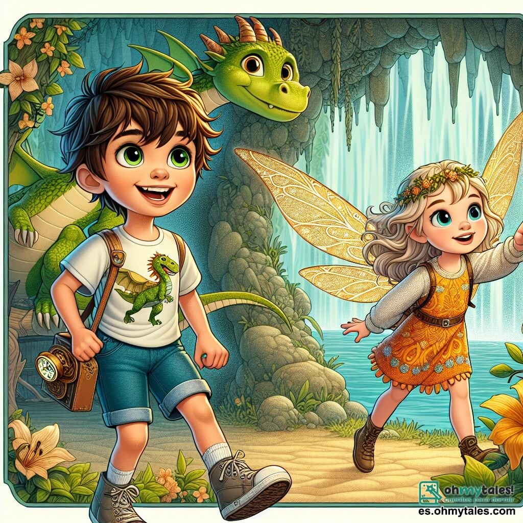 Un niño de 11 años, Lautaro, con cabello castaño despeinado y ojos brillantes de curiosidad, se encuentra en el centro de la imagen, sonriendo ampliamente. Lleva una camiseta colorida con un diseño de dinosaurio y un pantalón corto de mezclilla, sosteniendo una pequeña brújula dorada en su mano, mirando a su alrededor con asombro. A su lado, Lila, un hada pequeña con alas brillantes y cabello dorado, flota alegremente en el aire. Ella tiene un rostro sonriente y lleva un vestido hecho de pétalos de flores, señalando un camino misterioso que conduce a una cueva. Al fondo, un dragón amistoso, Drako, con escamas verdes y ojos dulces, se sostiene sobre sus patas traseras, observando la escena con un aire protector. El lugar es un claro encantado, rodeado de árboles de colores vivos, con flores luminosas y luciérnagas danzando en el aire. Una luz dorada filtra a través de las hojas, creando una atmósfera mágica. La situación principal muestra a Lautaro, Lila y Drako preparándose para entrar en una cueva misteriosa, donde un cristal mágico brilla al fondo, simbolizando la aventura y la magia de su cumpleaños.