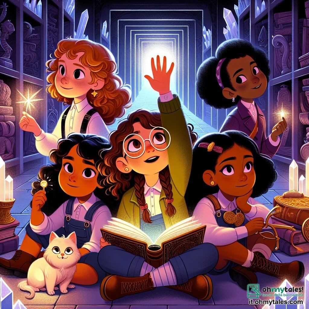 Al centro dell'immagine, quattro ragazze si tengono insieme, ognuna con un'espressione determinata. A sinistra, Mia, una ragazza di 12 anni con capelli ricci castani e occhiali rotondi, alza una mano illuminata da luce magica. Alla sua destra, Sara, una ragazza di 11 anni con capelli biondi intrecciati, guarda con curiosità un antico libro che tiene tra le braccia. Accanto a lei, Lucia, una ragazza di 10 anni con capelli neri e occhi scintillanti, sorride accarezzando un piccolo animale luminoso che fluttua vicino a lei. Infine, a destra, Elena, una bambina di 8 anni con capelli rossi e un sorriso radioso, è seduta sulla sua sedia a razzo, pronta a decollare. Lo sfondo è un labirinto di cristalli scintillanti, con muri di luce e ombra che si intrecciano, creando un paesaggio incantevole. Cristalli di ogni colore illuminano l'ambiente, proiettando riflessi arcobaleno sui volti delle ragazze. Sullo sfondo, una grande porta di cristallo si apre su un bagliore luminoso, simboleggiando il potere che cercano. La scena principale mostra le quattro amiche pronte a entrare nel misterioso labirinto, determinate a superare le loro paure e scoprire la magia nascosta di Crystalia.