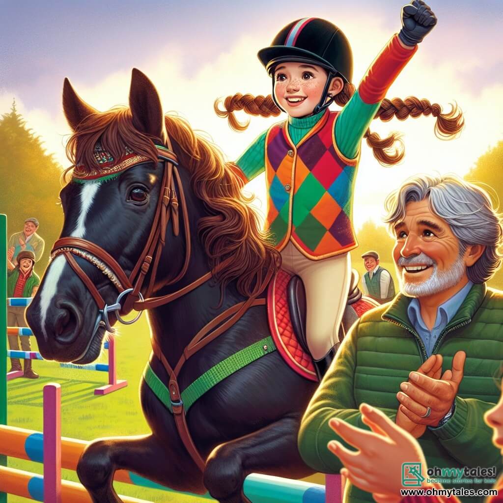 A 12-year-old girl with long brown hair in braids is sitting on a black horse named Blaze, her face glowing with determination and joy. She wears a colorful riding outfit, with a bright red vest and black pants, firmly holding the reins, ready to jump an obstacle. Next to her, a man in his fifties, Coach Sam, with graying hair and a warm smile, enthusiastically encourages her with raised arms in approval. He wears a cap and a sports jacket, standing a few steps away in an encouraging posture. The setting is a green field bathed in the golden light of the setting sun, with wooden barriers and colorful jump obstacles in the background. Spectators can be seen applauding and smiling, adding a festive atmosphere to the scene. The main situation shows the girl courageously launching to jump an obstacle, the horse taking off, while excitement and determination are evident on her face, symbolizing self-overcoming and passion for riding.