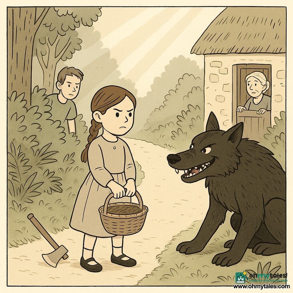 An 8-year-old girl with a round face and braided brown hair stands upright on a narrow forest path, feet planted, holding a basket with both hands and calmly but determinedly saying no; a discreet but brave-looking 12-year-old boy (Milo) stands behind a bush to the left with a small axe on the ground nearby, an elderly woman of about 70 (Grandma) with white hair in a bun watches from the cottage window with a hand on the closed door handle, and a bulky, dark-furred big bad wolf with bright eyes and an overly wide, deceptive smile crouches at the path's edge with his muzzle forward; ferns and textured tree trunks line the path, diagonal rays of light filter through, a small stone thatched cottage sits in a clearing behind, creating a tense, silent standoff with clear distance between the girl and the wolf.