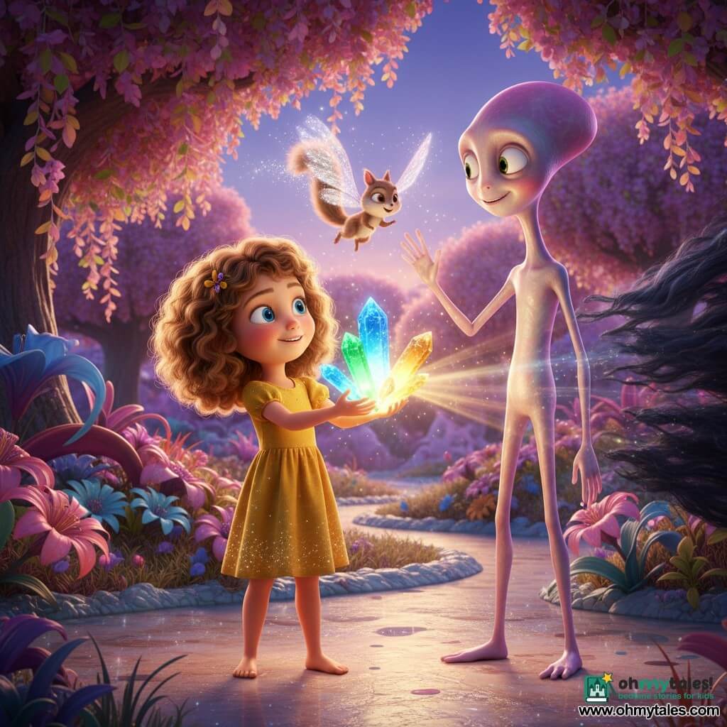 An 8-year-old girl named Lila, smiling and determined with light brown curly hair and bright blue eyes, wearing a simple yellow dress dusted with sparkling specks, holds three glowing crystals emitting blue, green, and gold beams; to her right stands Zyn, a tall, slender alien with iridescent, color-shifting skin and friendly round eyes, raising a hand toward the light; a squirrel-sized winged creature called Tinkle with translucent glittering wings flies above the crystals leaving a trail of luminous dust; they stand on Glimmeria, a planet of glassy sparkling ground, hanging rainbow leaves, giant phosphorescent flowers, and silver streams under a violet sky; together they unleash a wave of colored light from the crystals to drive back a dark, filamentous shadow at the landscape's edge, the warm glow contrasting strongly with the retreating darkness.