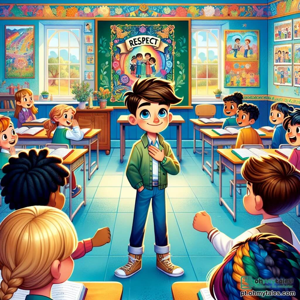 Em uma sala de aula colorida, Lucas, um garoto de 11 anos com cabelo castanho e olhos brilhantes, está no centro, com uma expressão determinada e um leve sorriso. À sua direita, Sofia, uma menina de 10 anos com cabelo loiro e trançado, o encoraja com um olhar amigável, segurando um cartaz que diz "Respeitemo-nos!". À esquerda, dois meninos, João e Pedro, de 11 anos, com cabelo curto e escuro, demonstram surpresa, percebendo que não podem mais zombar impunemente. A sala de aula é iluminada, com paredes azuis e desenhos de crianças que representam amizade e respeito. No fundo, um grande quadro negro exibe a palavra "Respeito" em letras coloridas, cercada por desenhos de crianças de mãos dadas. A cena principal mostra Lucas falando corajosamente aos colegas sobre a importância da bondade e da amizade, enquanto seus amigos o apoiam, criando uma atmosfera de solidariedade e esperança.