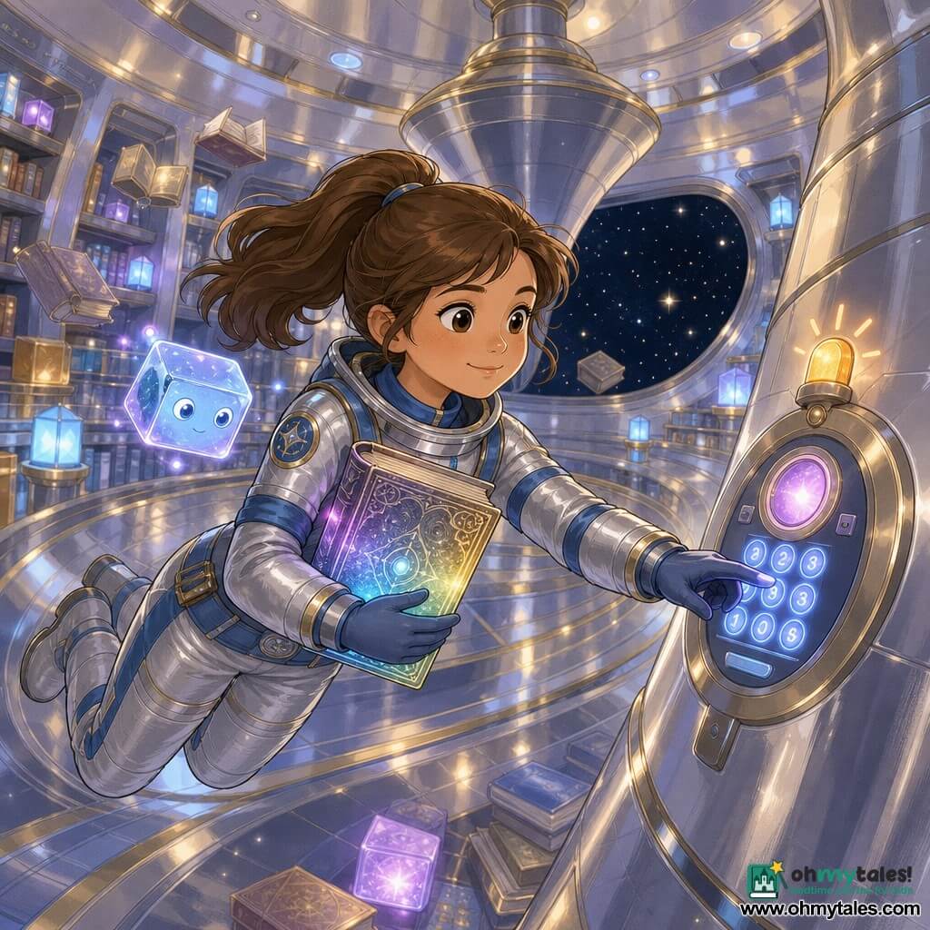 A young explorer named Mira with a round face, brown curious eyes and a brown ponytail, calm determined slight smile, wearing a silver-and-blue spacesuit and gloves, floats in a spinning space-library interior holding an ancient color-changing glowing book; no other humans present, a small luminous memory cube floats nearby as a silent companion; the library has polished metal curved walls, curved shelves of glowing cubes and floating books, small blue lamps, and a large rounded viewport showing black space and stars with gold reflections on the metal; main moment: Mira stops an alarm by touching a lighted panel with numbers, a soft flashing light, shifting from mild tension to relief; color palette: silver, pale blue, gold accents and soft violet lights, soft lines, rounded shapes, shiny mirror-like textures.