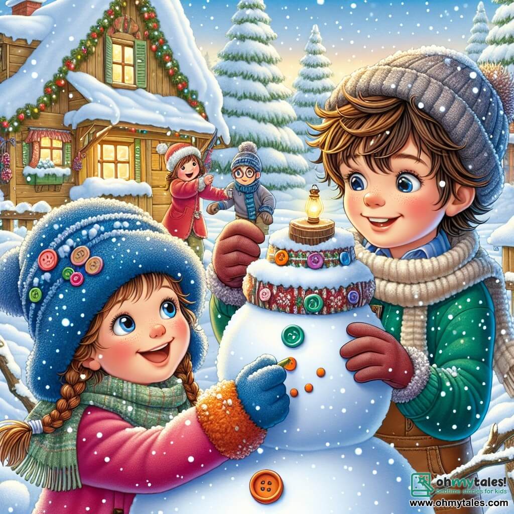 A 9-year-old boy, Oliver, with messy brown hair and rosy cheeks, joyfully smiles while wearing a bright blue coat, a red scarf, and a wool hat. He is building a large snowman, his eyes sparkling with excitement. Next to him, Mia, an 8-year-old girl with braided blonde hair and a pink coat, laughs as she adds colorful buttons to the snowman. Ethan, a 9-year-old boy with glasses and a green sweater, holds a small flashlight that he places on the snowman's head, focused and amused. The scene takes place in a charming snowy village with wooden houses topped with snow, pine trees adorned with twinkling lights, and a clear blue sky sprinkled with gently falling snowflakes. Together, Oliver, Mia, and Ethan are having fun creating a unique snowman, adding elements representing different winter traditions from around the world, while sharing laughter and stories.